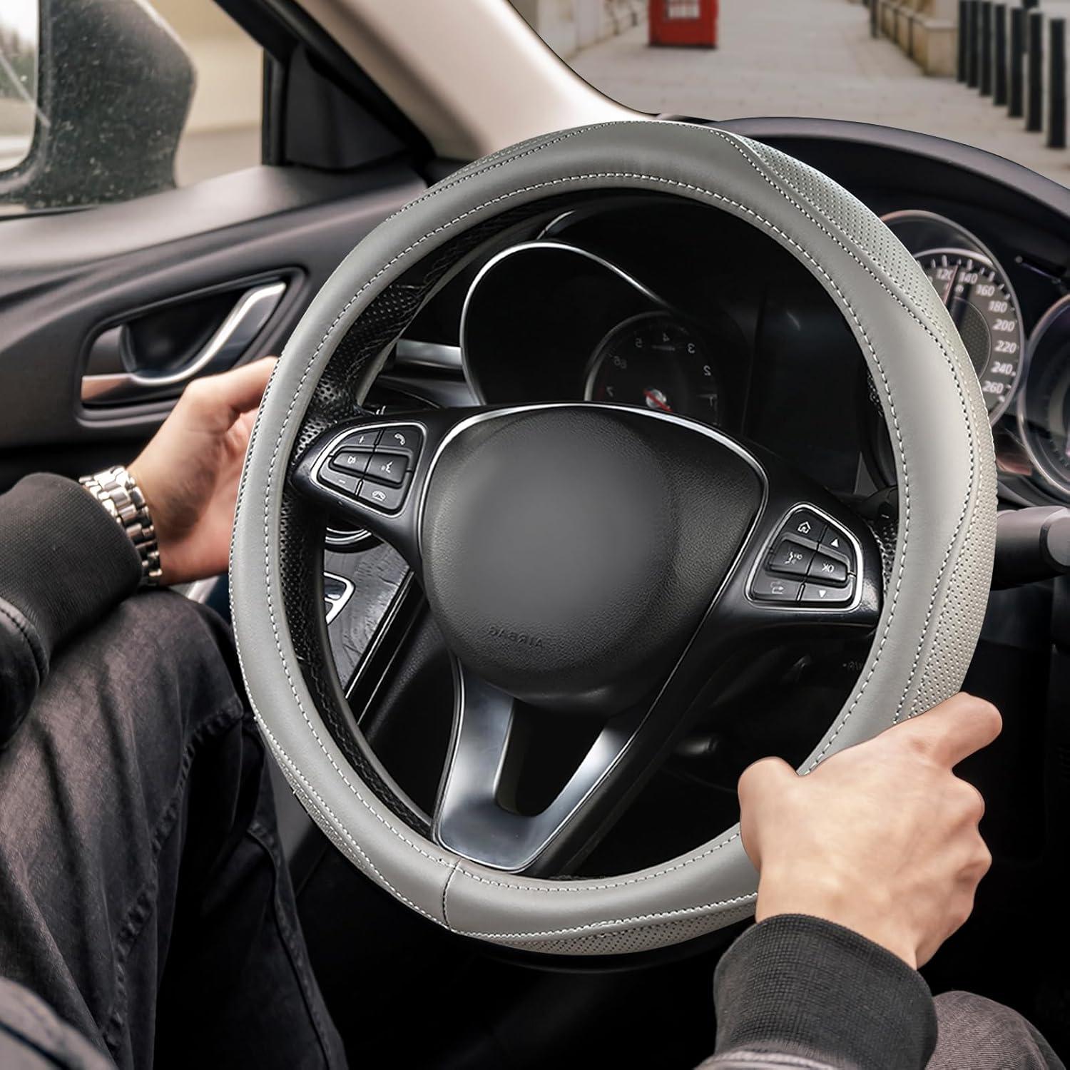 Funda de Volante de Cuero Genuino PJBTYZ Gris 36.83-38.1 cm