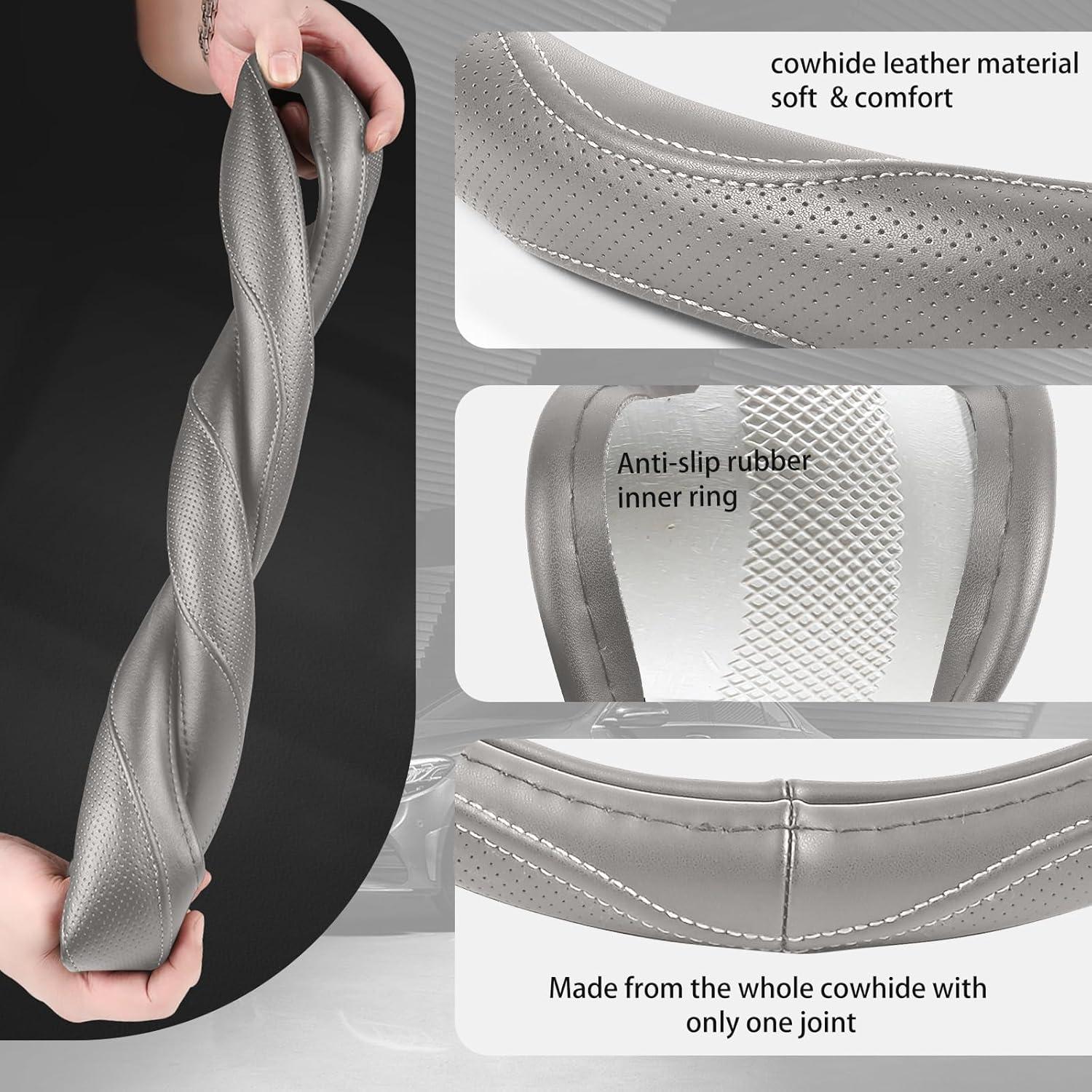 Funda de Volante de Cuero Genuino PJBTYZ Gris 36.83-38.1 cm