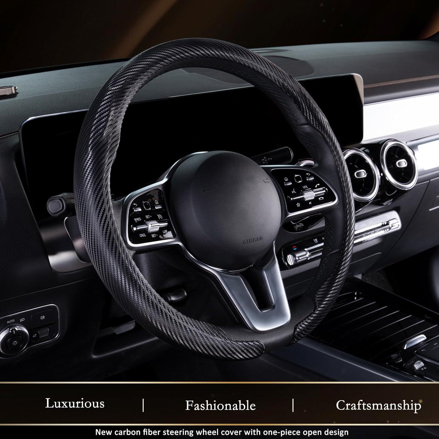 Aimato Car Steering Wheel Cover Carbon Fiber, Ultra-Thin Car Steering Wheel Cover,Comfortable & Breathable Microfiber,Universal Fit for Most Cars, Matte Black
