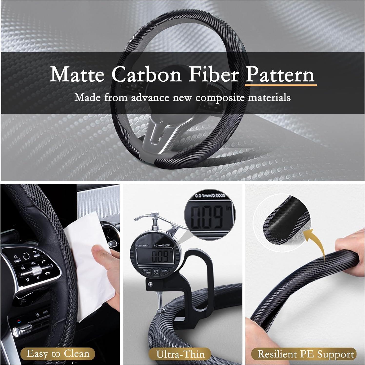 Aimato Car Steering Wheel Cover Carbon Fiber, Ultra-Thin Car Steering Wheel Cover,Comfortable & Breathable Microfiber,Universal Fit for Most Cars, Matte Black