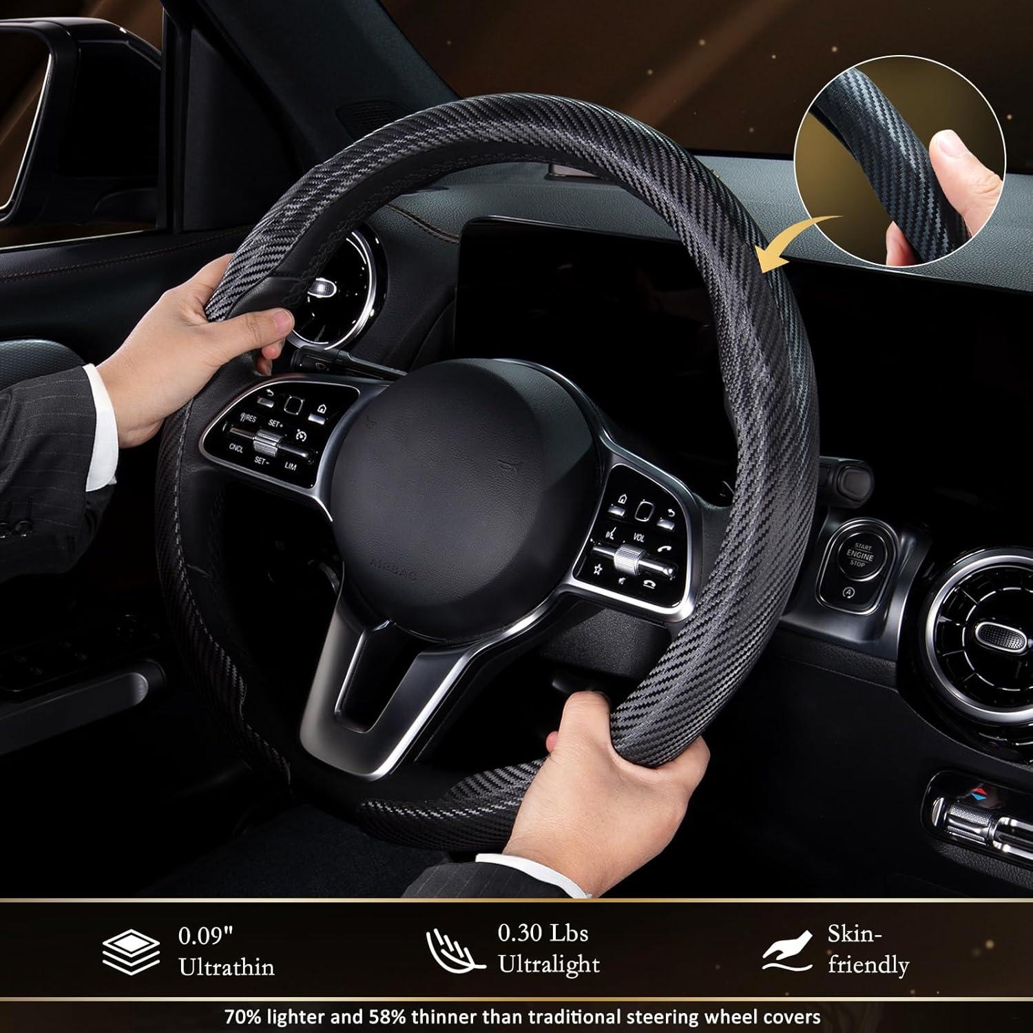 Aimato Car Steering Wheel Cover Carbon Fiber, Ultra-Thin Car Steering Wheel Cover,Comfortable & Breathable Microfiber,Universal Fit for Most Cars, Matte Black