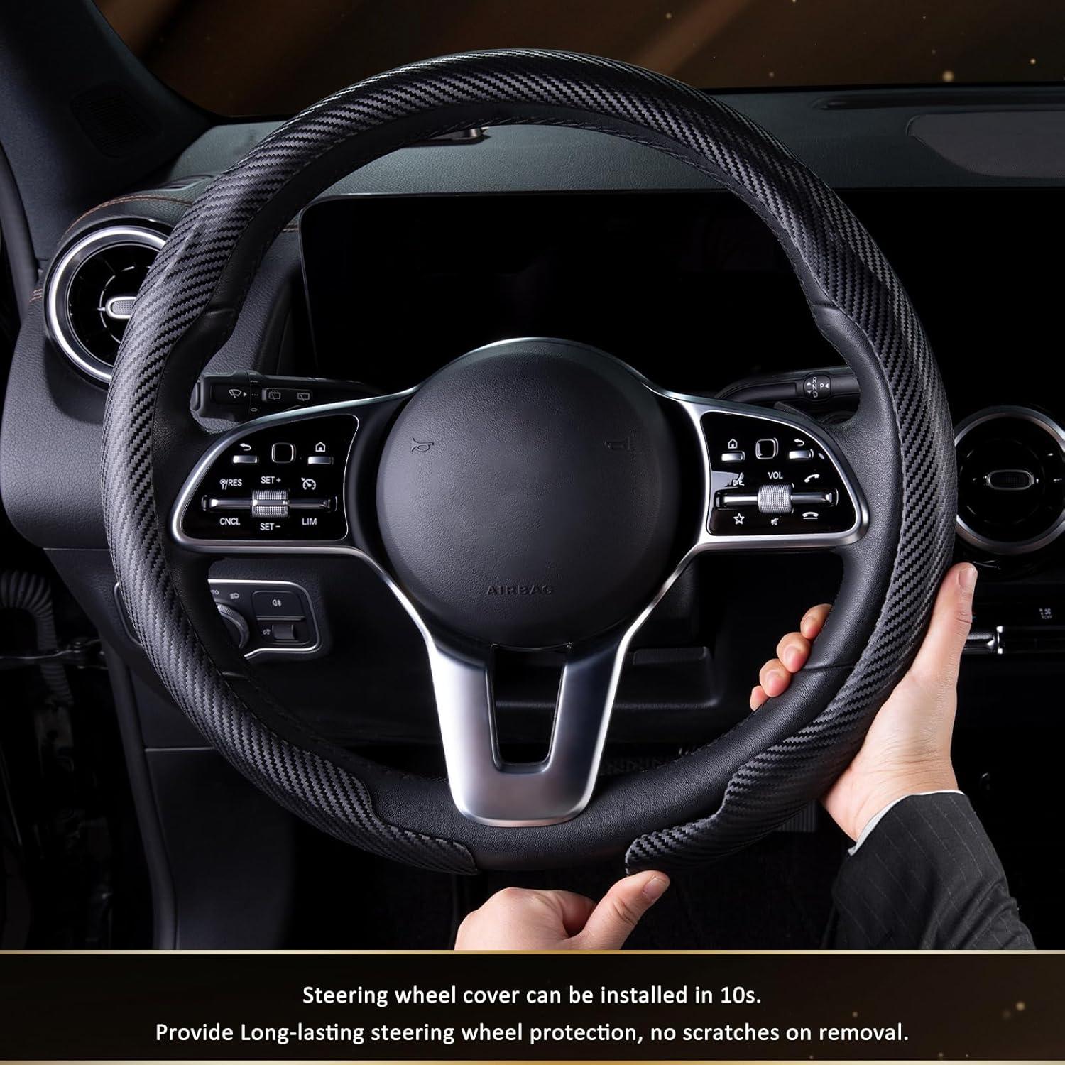 Aimato Car Steering Wheel Cover Carbon Fiber, Ultra-Thin Car Steering Wheel Cover,Comfortable & Breathable Microfiber,Universal Fit for Most Cars, Matte Black