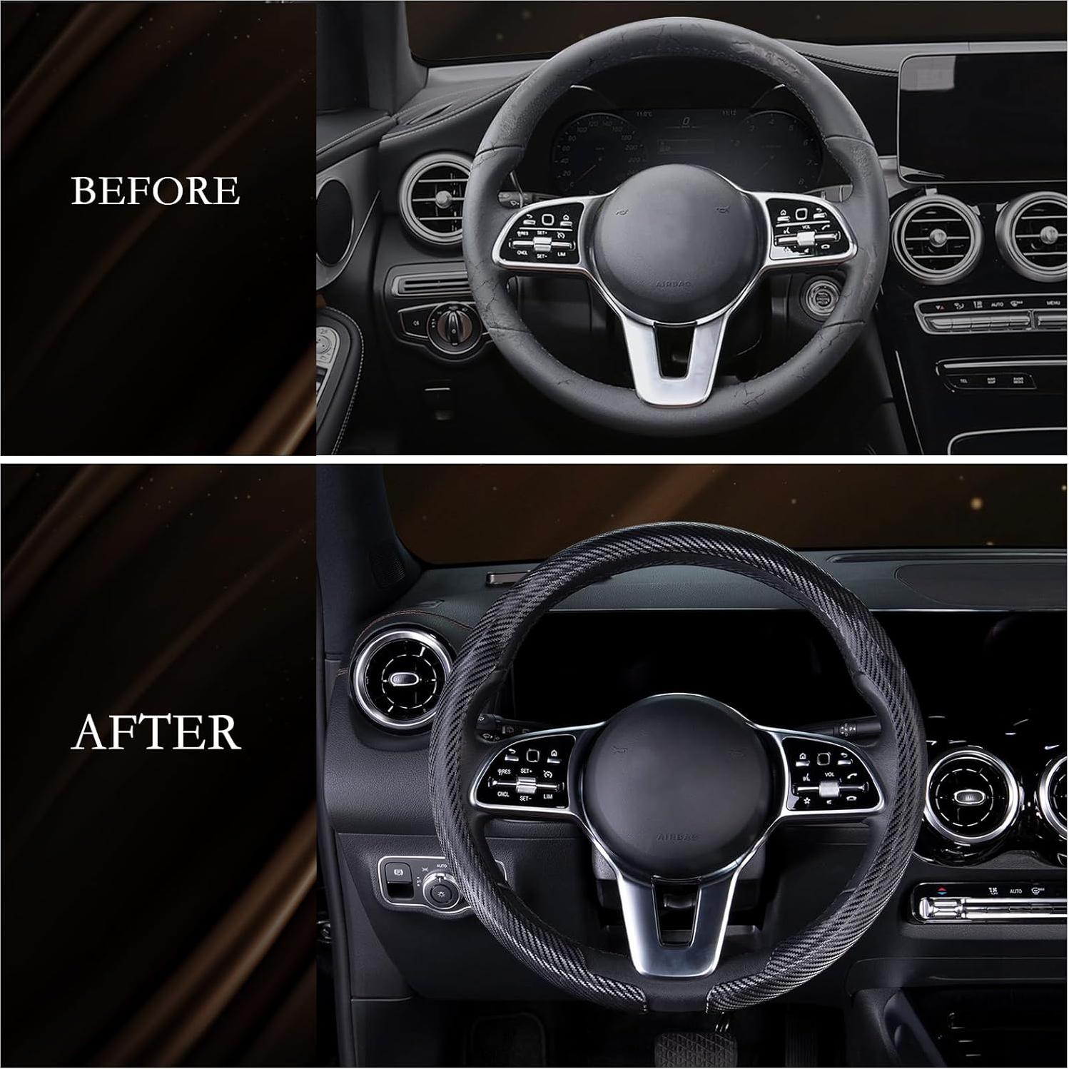 Aimato Car Steering Wheel Cover Carbon Fiber, Ultra-Thin Car Steering Wheel Cover,Comfortable & Breathable Microfiber,Universal Fit for Most Cars, Matte Black