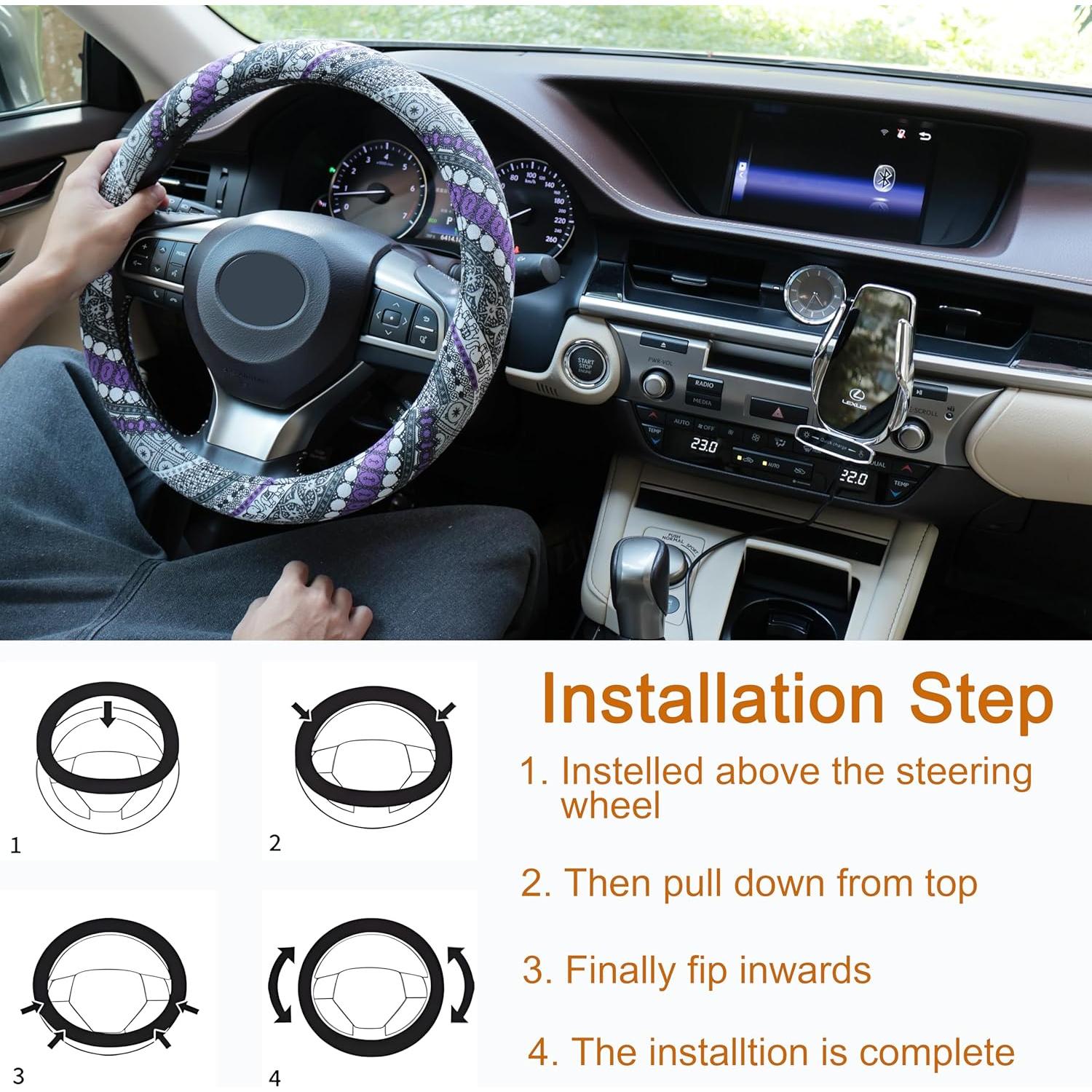 Funda de Volante Boho Muamos 37-38 cm Lino Antideslizante Morado