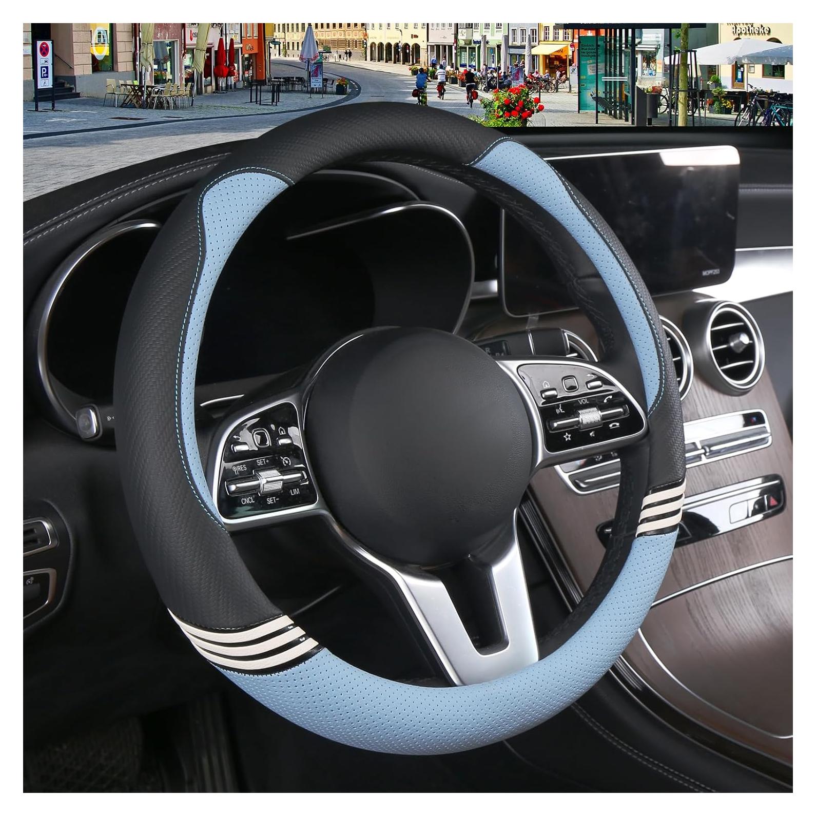 Cubierta de Volante Binsheo de Cuero Universal 38 cm Negro y Azul