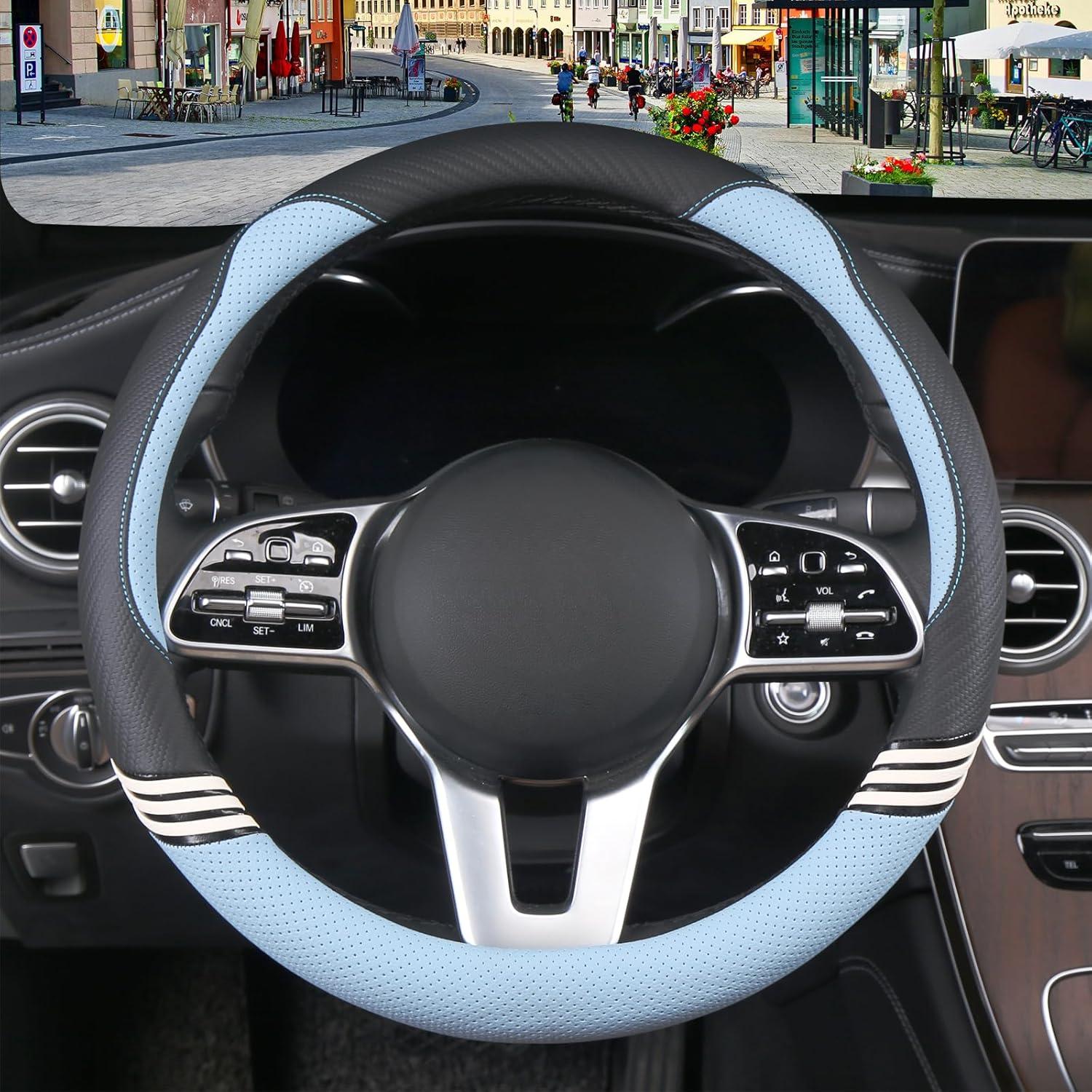 Cubierta de Volante Binsheo de Cuero Universal 38 cm Negro y Azul