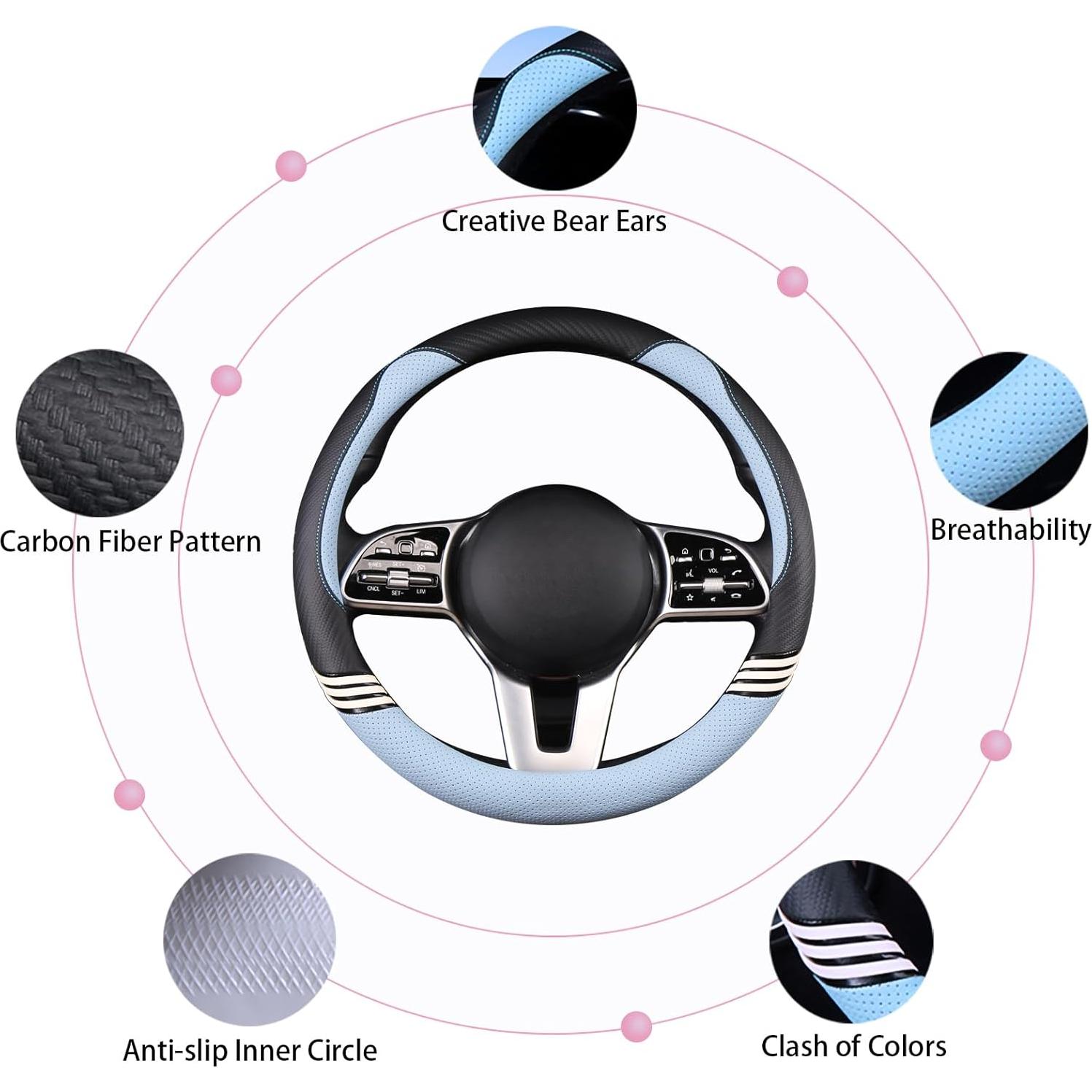 Cubierta de Volante Binsheo de Cuero Universal 38 cm Negro y Azul