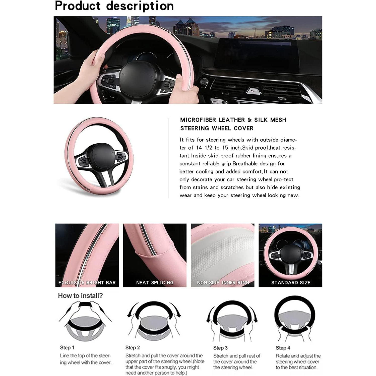 Funda de Volante de Coche XIANGDING 15" Cuero Microfibra Rosa