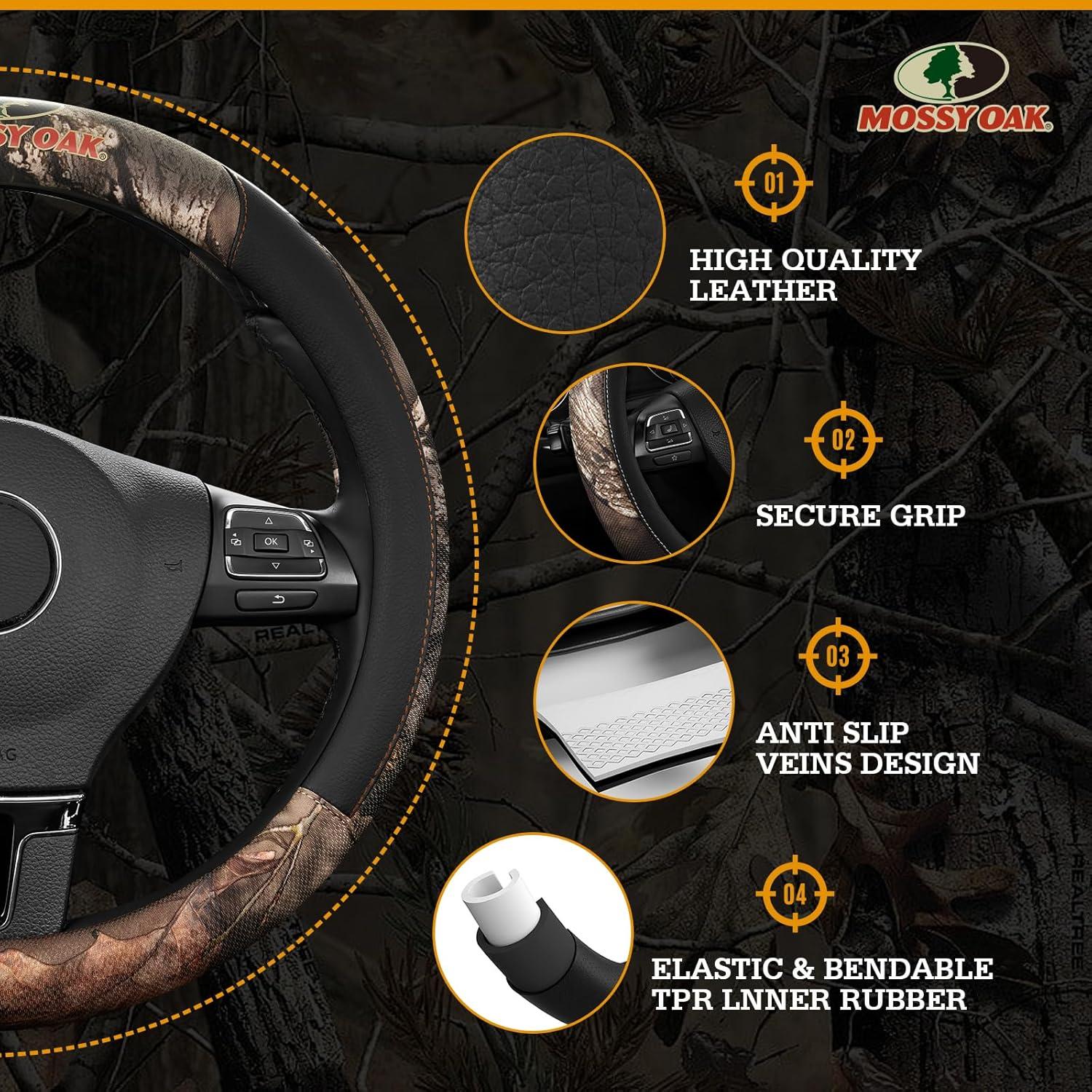 Cubierta de Volante Mossy Oak Negra - Cuero Premium Universal 36.8-38.1 cm