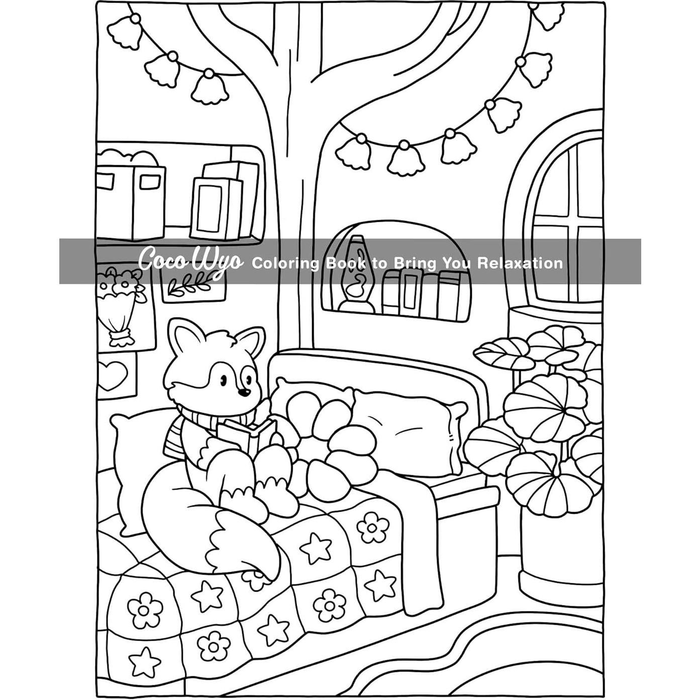 Cozy Spaces: Coloring Book for Adults and Teens Featuring Relaxing Familiar Corners with Cute Animal Characters for Stress Relief