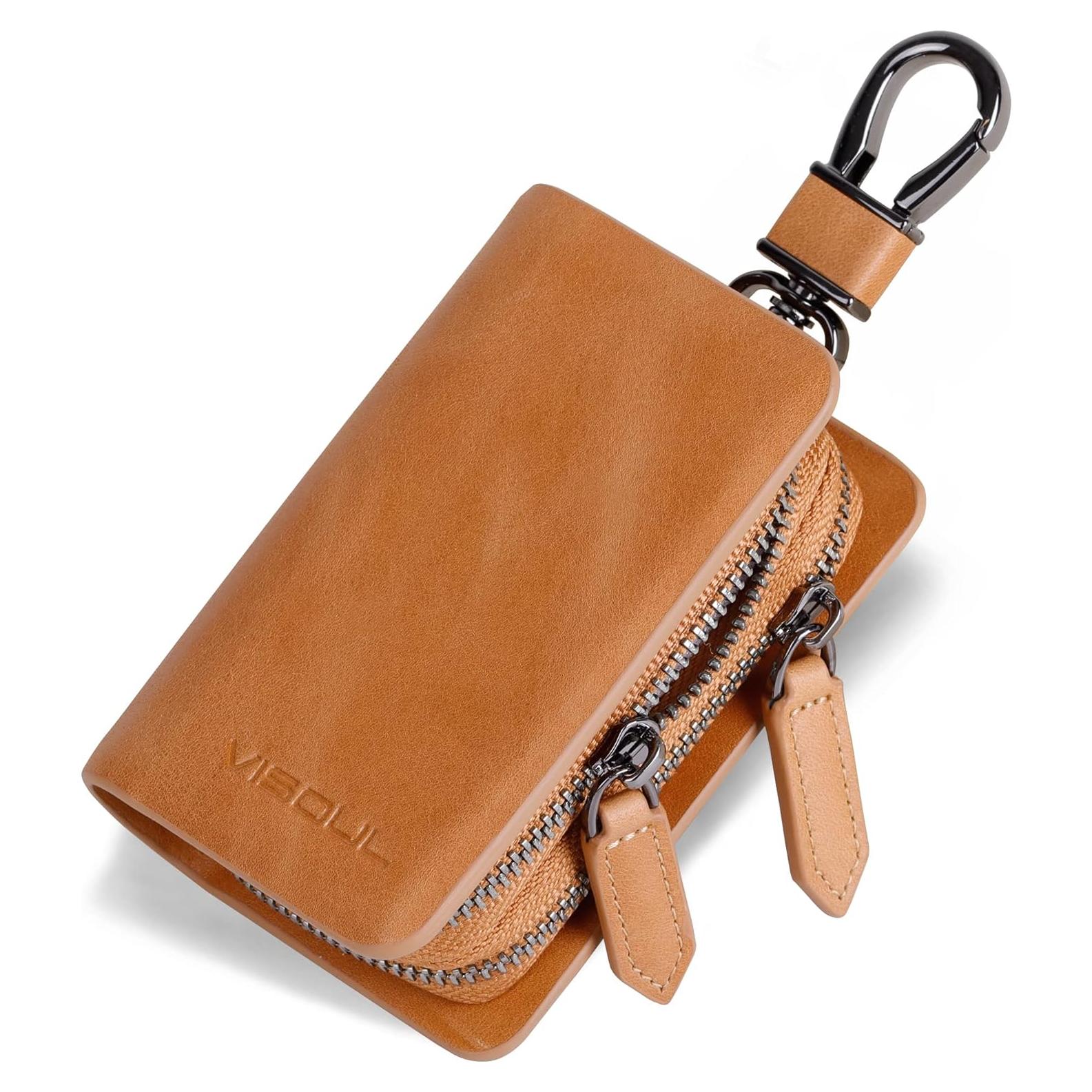 Funda de Llave de Coche VISOUL Cuero Genuino Marrón Doble Cierre