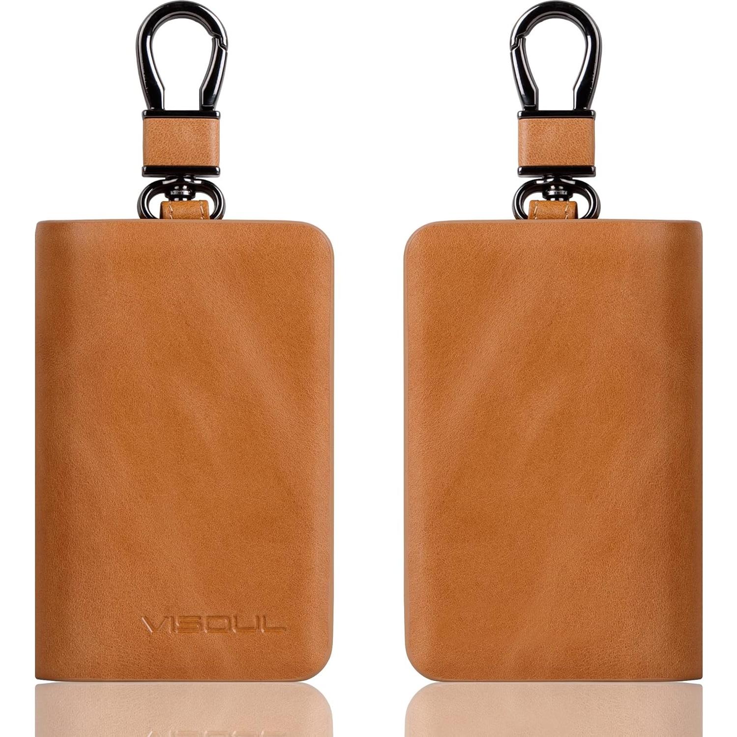 Funda de Llave de Coche VISOUL Cuero Genuino Marrón Doble Cierre
