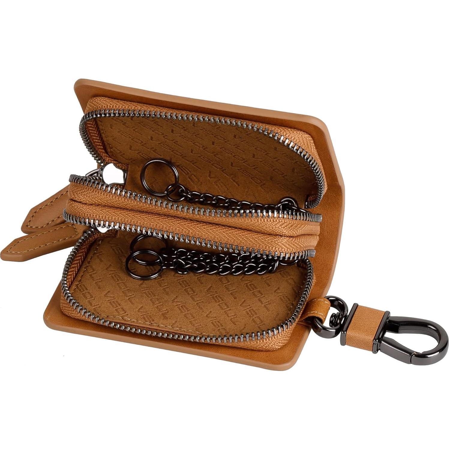 Funda de Llave de Coche VISOUL Cuero Genuino Marrón Doble Cierre