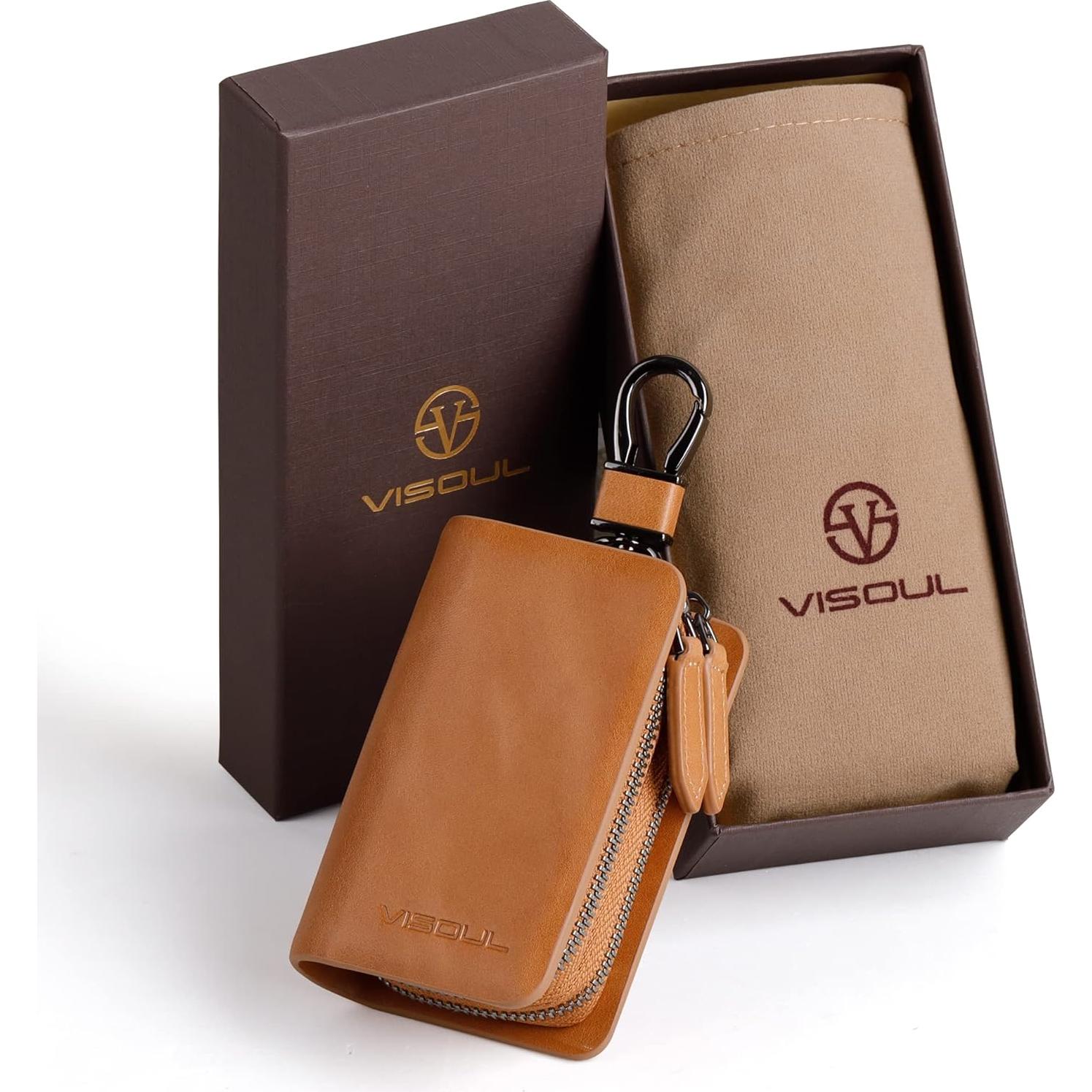 Funda de Llave de Coche VISOUL Cuero Genuino Marrón Doble Cierre