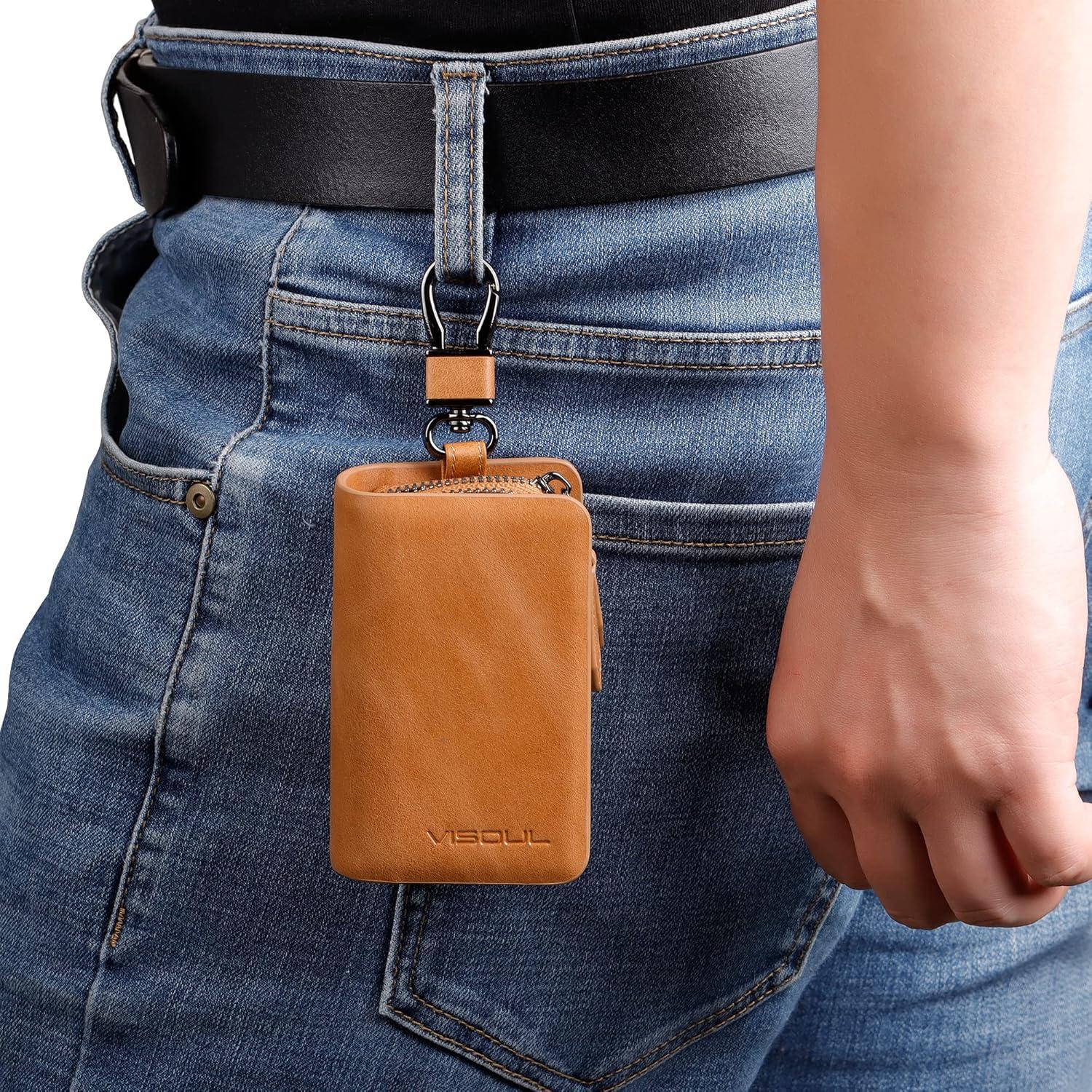 Funda de Llave de Coche VISOUL Cuero Genuino Marrón Doble Cierre