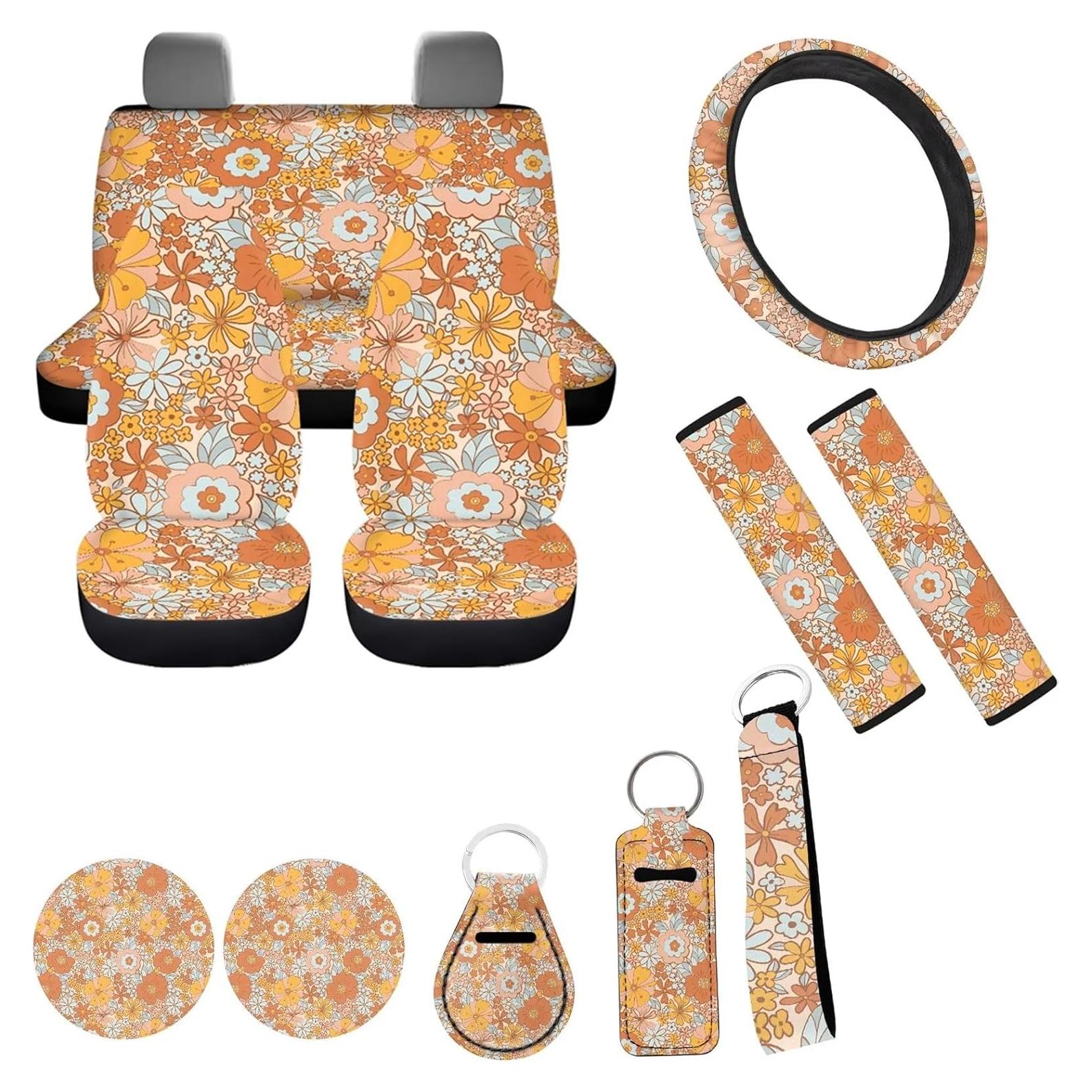 Juego de Cubiertas de Asiento de Auto FUIBENG 12 Pcs Flores Boho