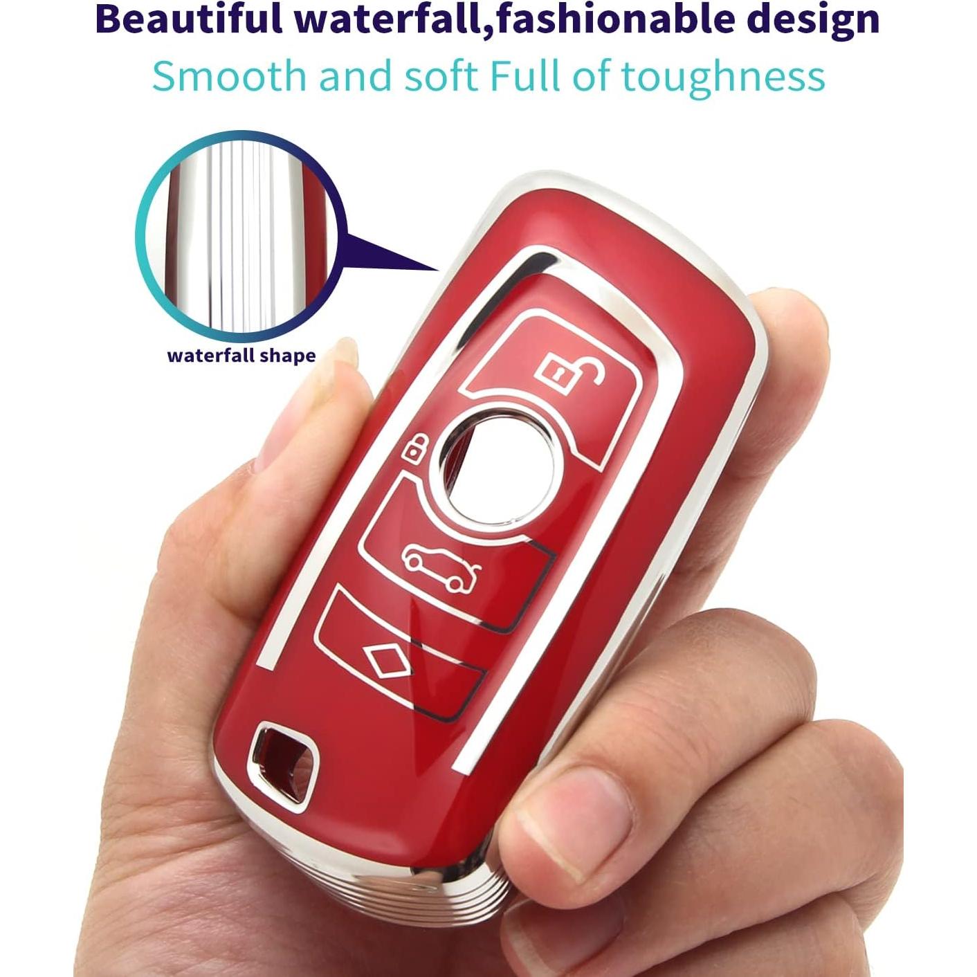 Funda de llave TPU para BMW + llavero de piel roja