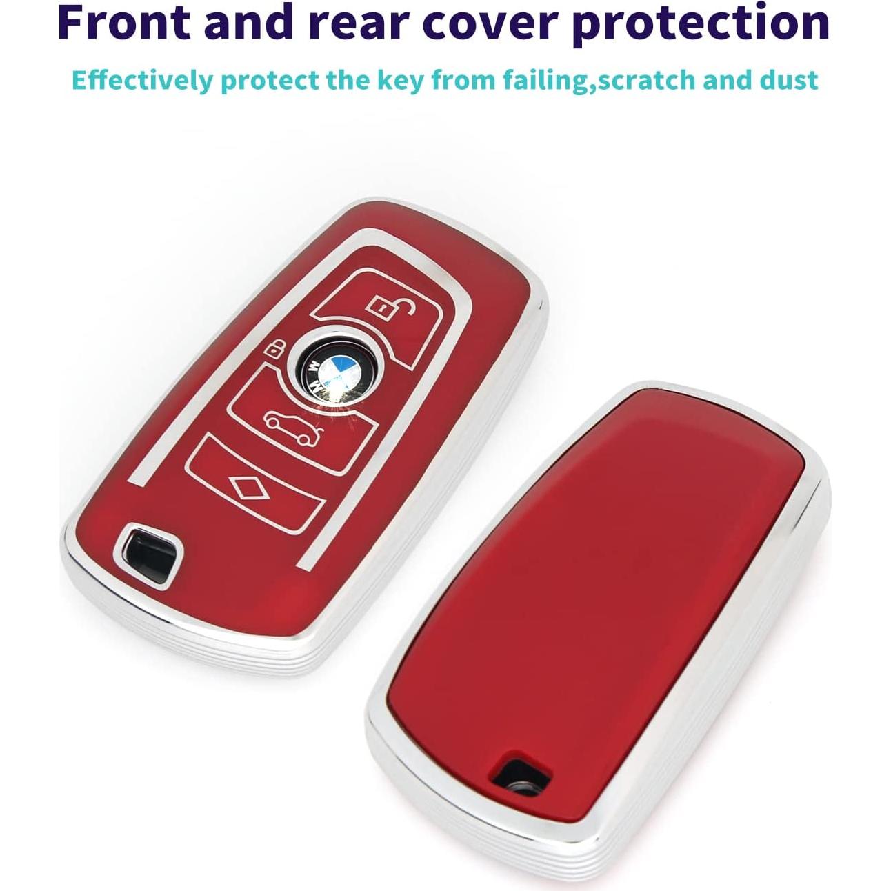 Funda de llave TPU para BMW + llavero de piel roja