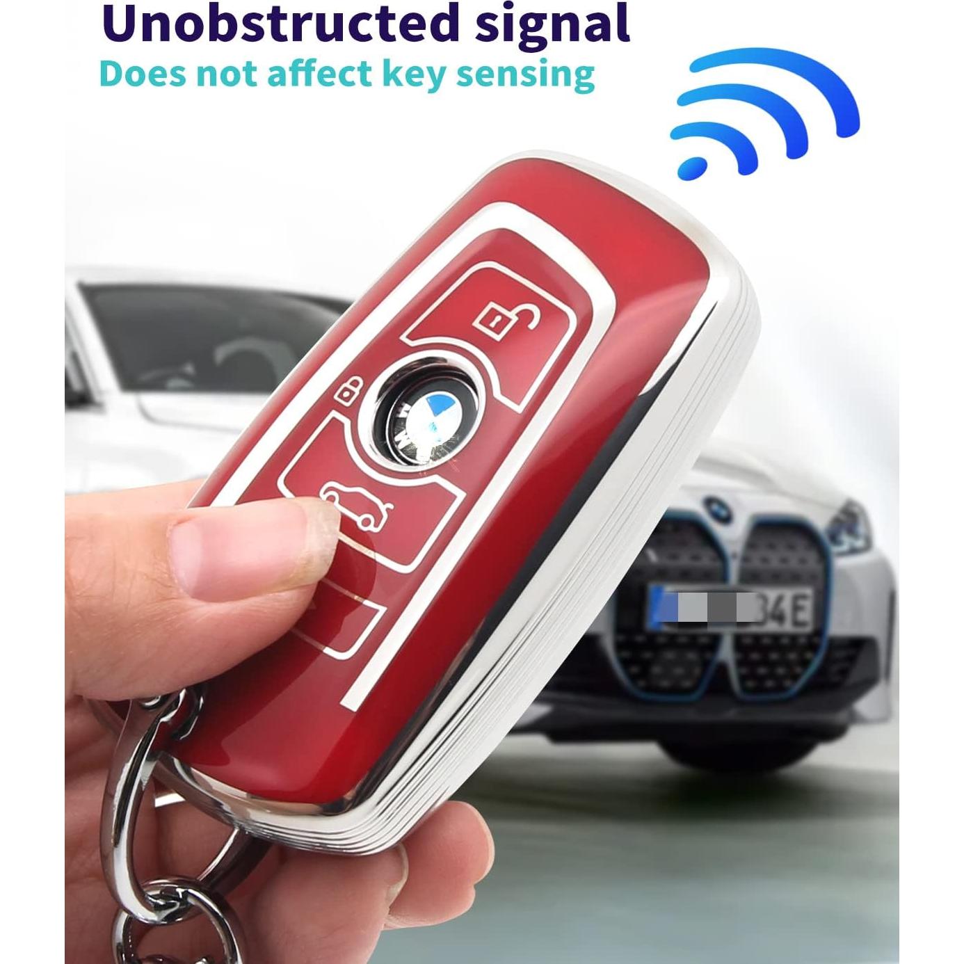 Funda de llave TPU para BMW + llavero de piel roja