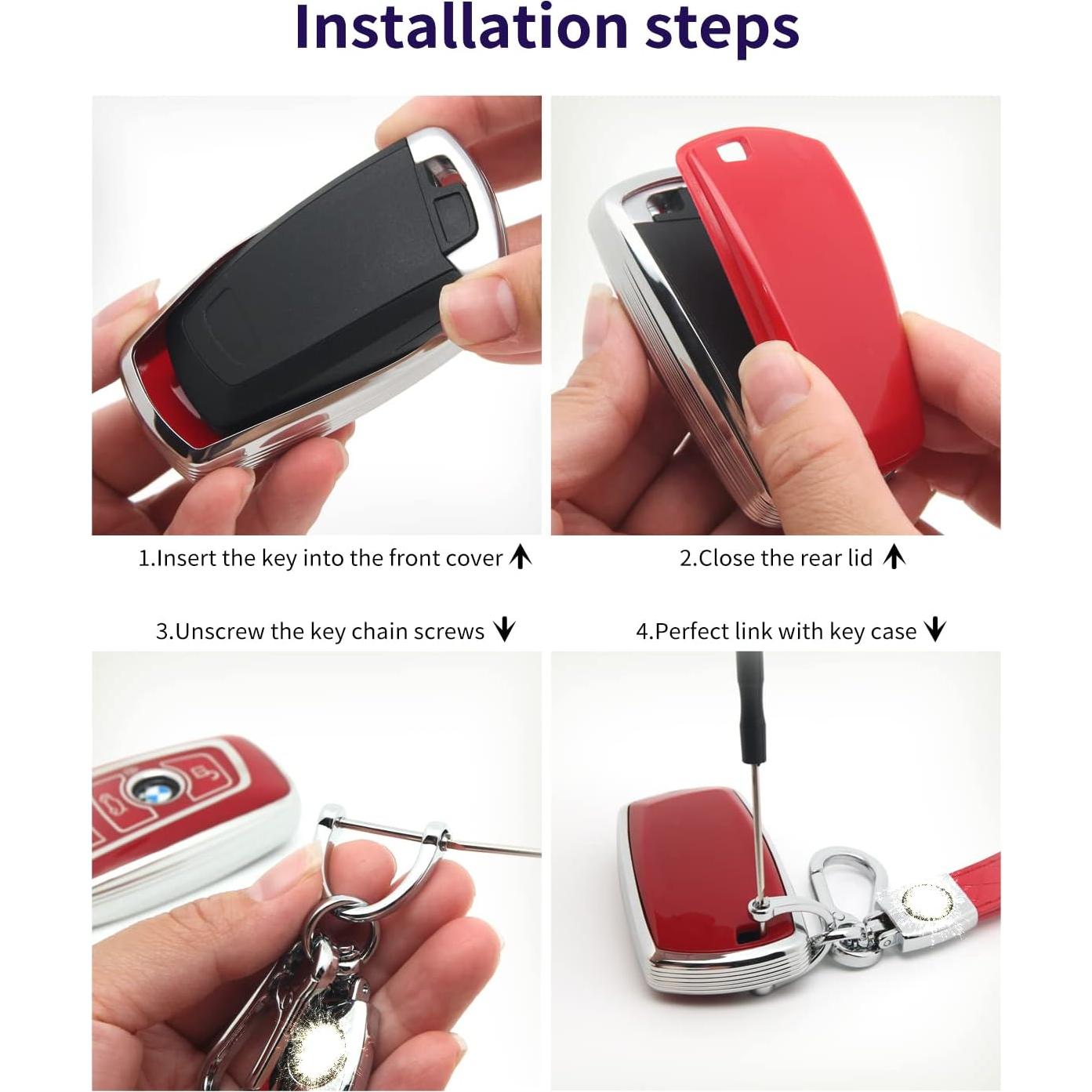 Funda de llave TPU para BMW + llavero de piel roja