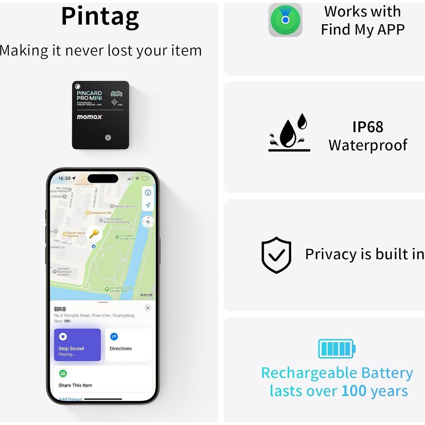 Localizador Bluetooth Recargable Momax BR8 IP68 100m Llaves