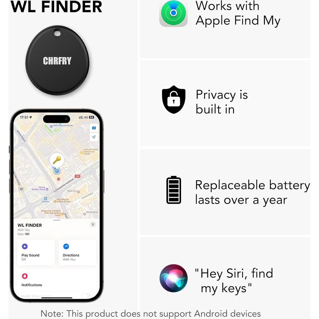 Tracker Bluetooth CHRFRY 2-Pack Air Tag Negro IP68