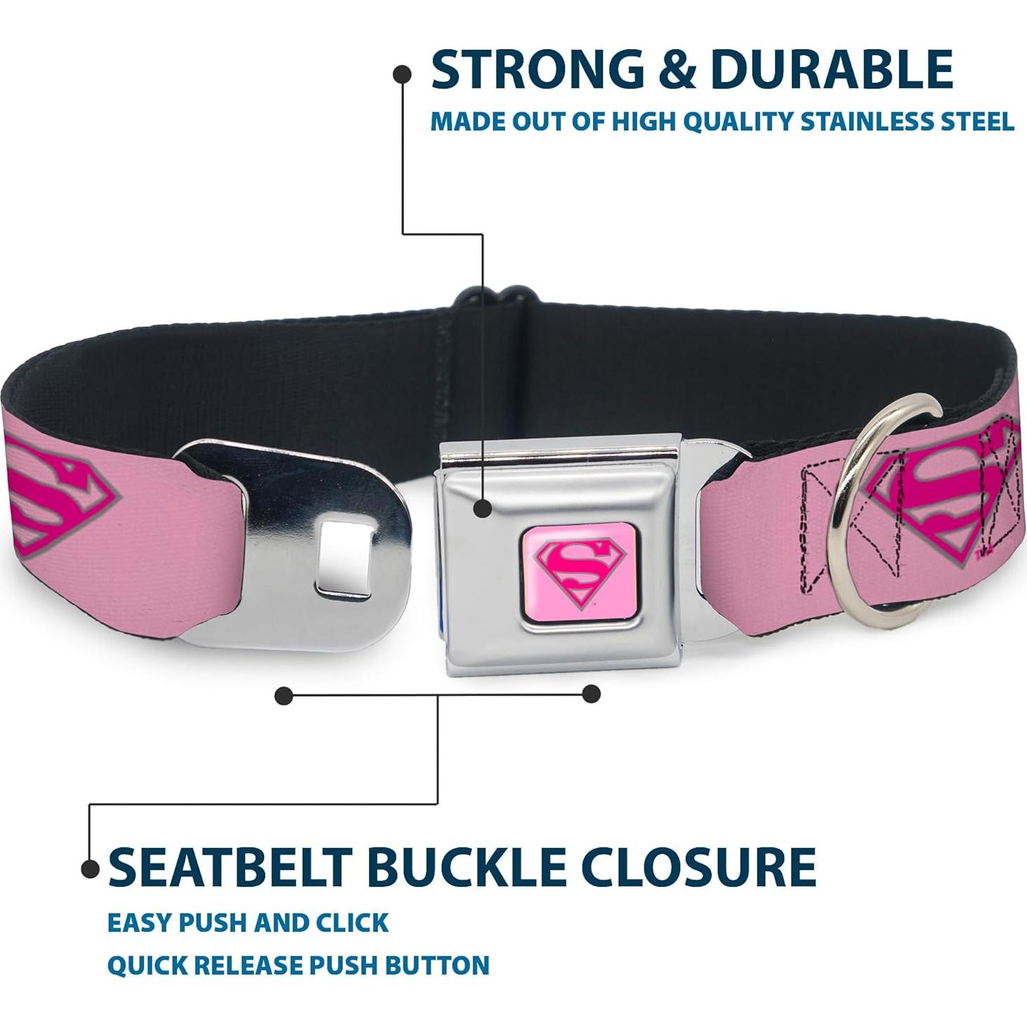 Collar de Perro Buckle-Down Escudo Superman Rosa 2.5 cm Ancho