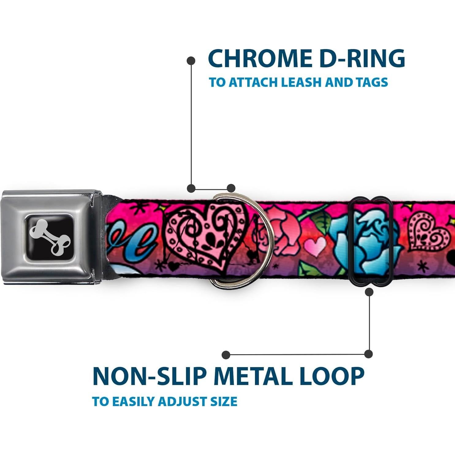 Collar de Perro Buckle-Down Amor Rosa 2.5cm Ancho 23-38cm