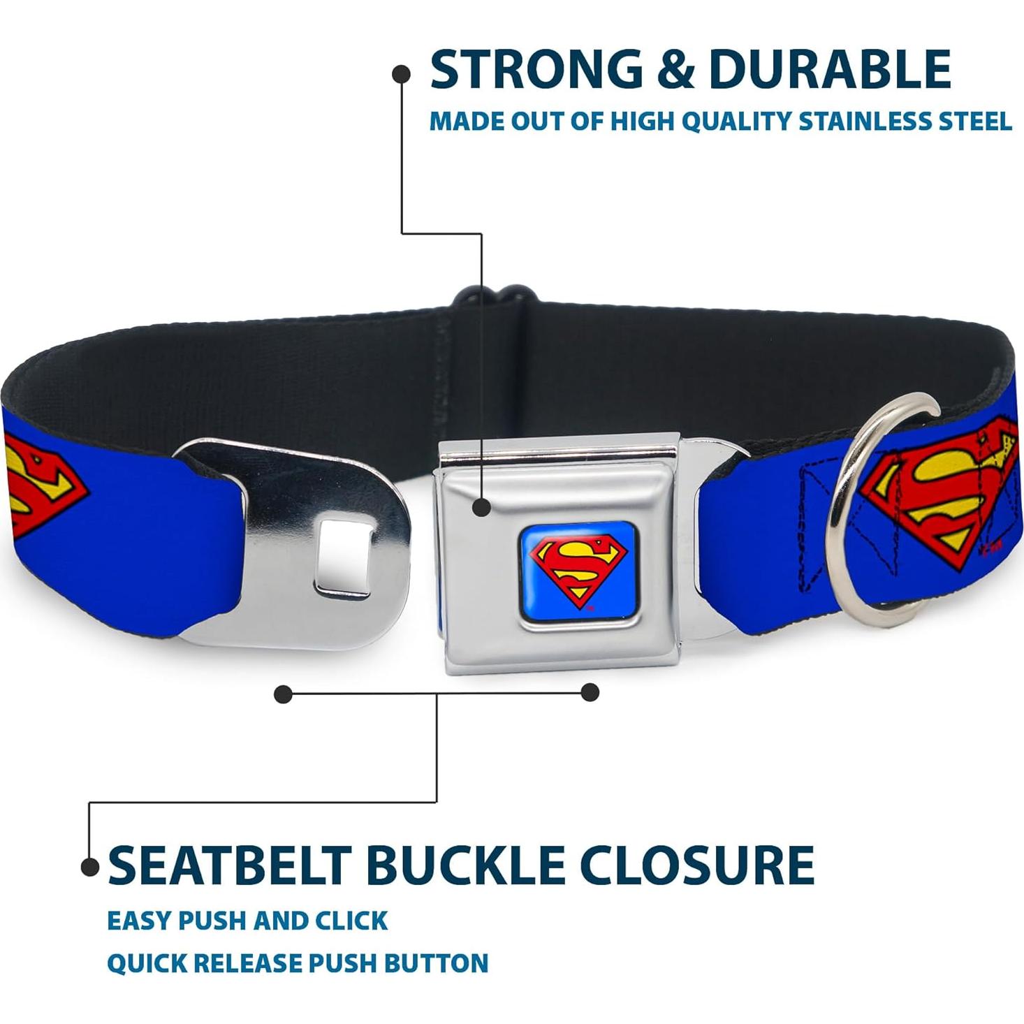 Collar de Perro Buckle-Down Superman Escudo Azul 33-46 cm 3.81 cm Ancho