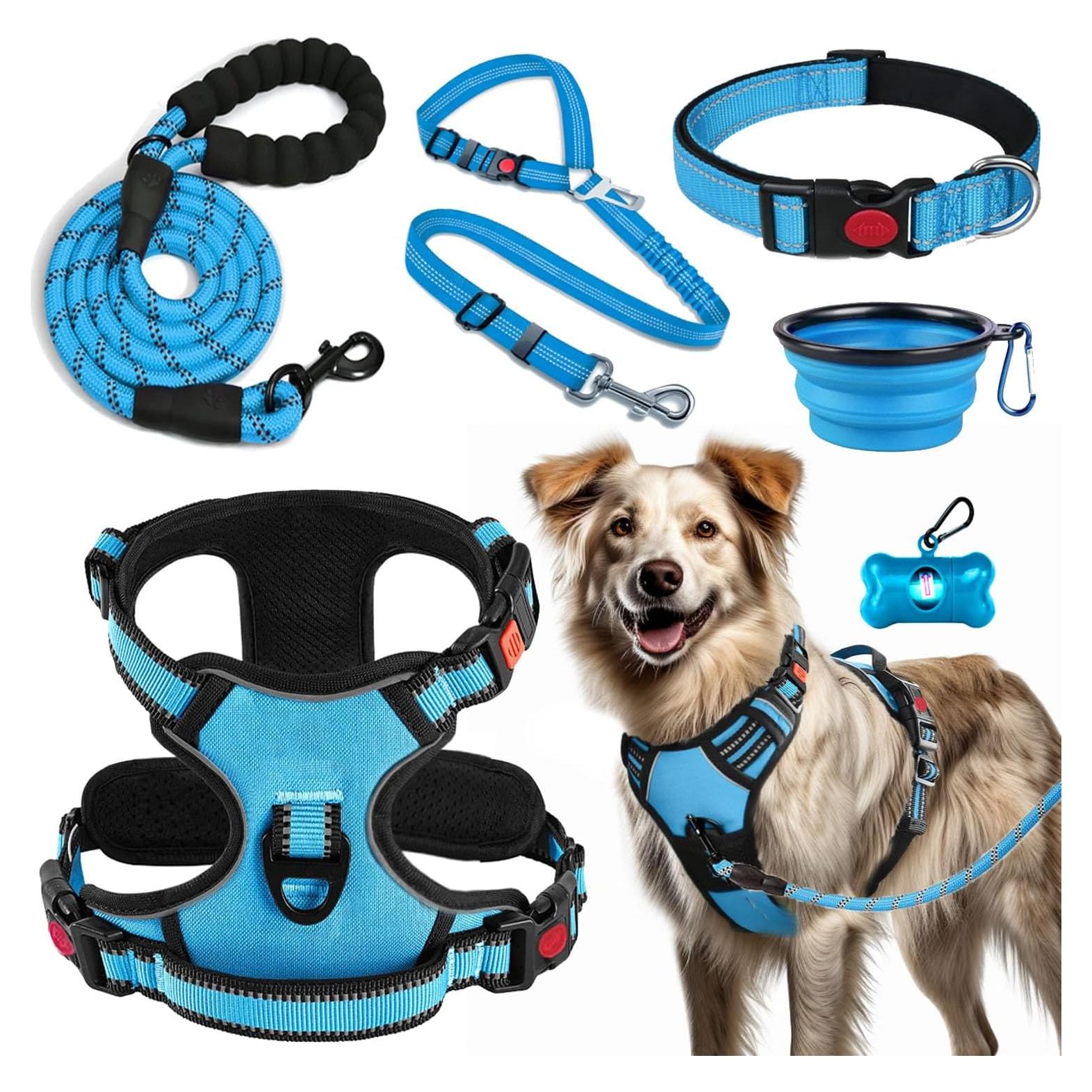 Arnés Sin Tirones Lobeve para Perros Grandes Azul + Correa y Collar