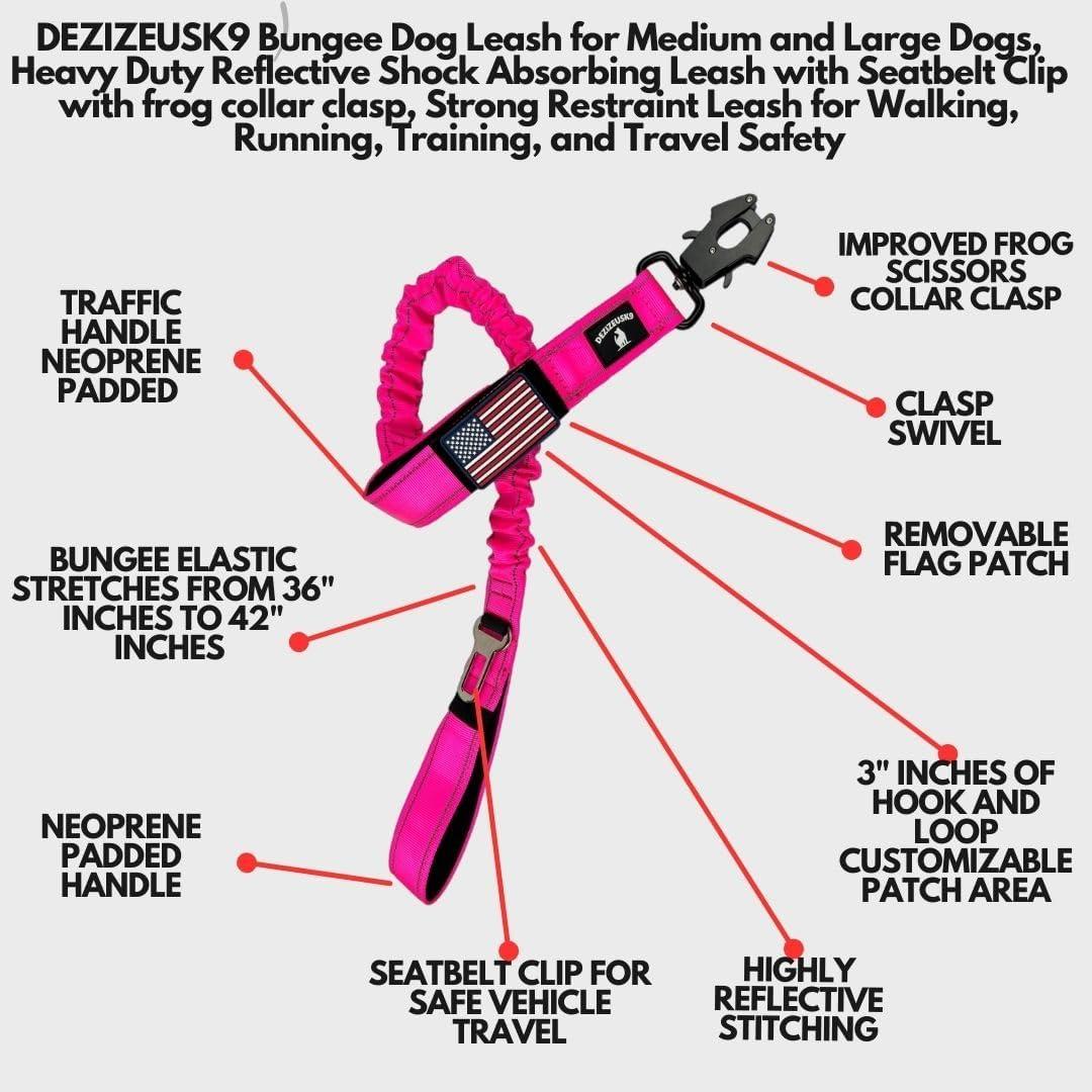 Correa Bungee de Perro DeziZeusK9 0.9m Rosa Alta Resistencia