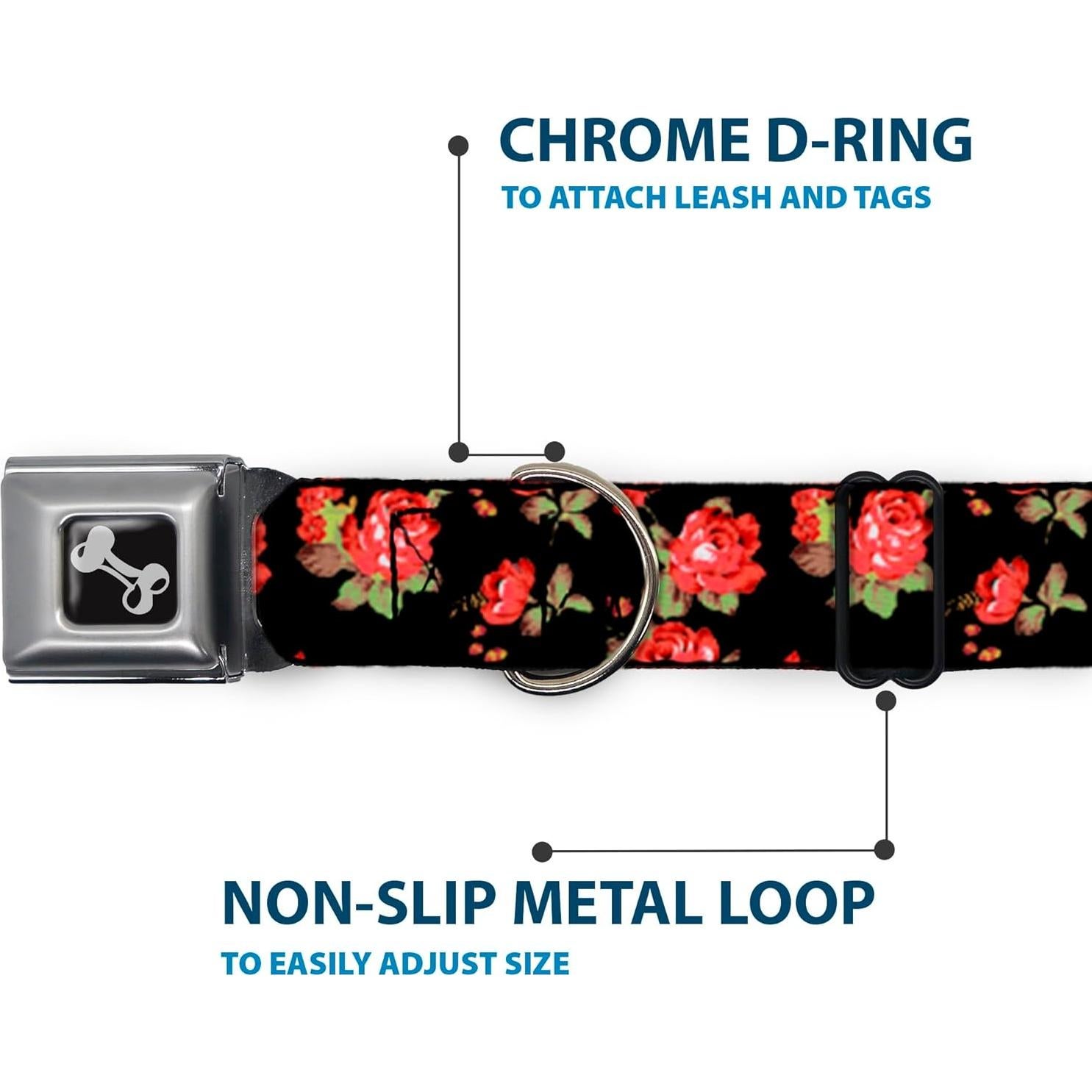 Collar para Perro Buckle-Down - Rosas Rojas en Negro - 2.54 cm
