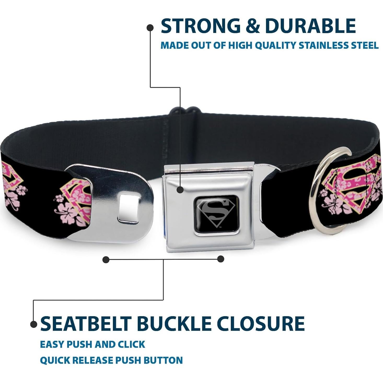 Collar de Perro Buckle-Down Hibisco Negro/Rosa 2.5cm 23-38cm