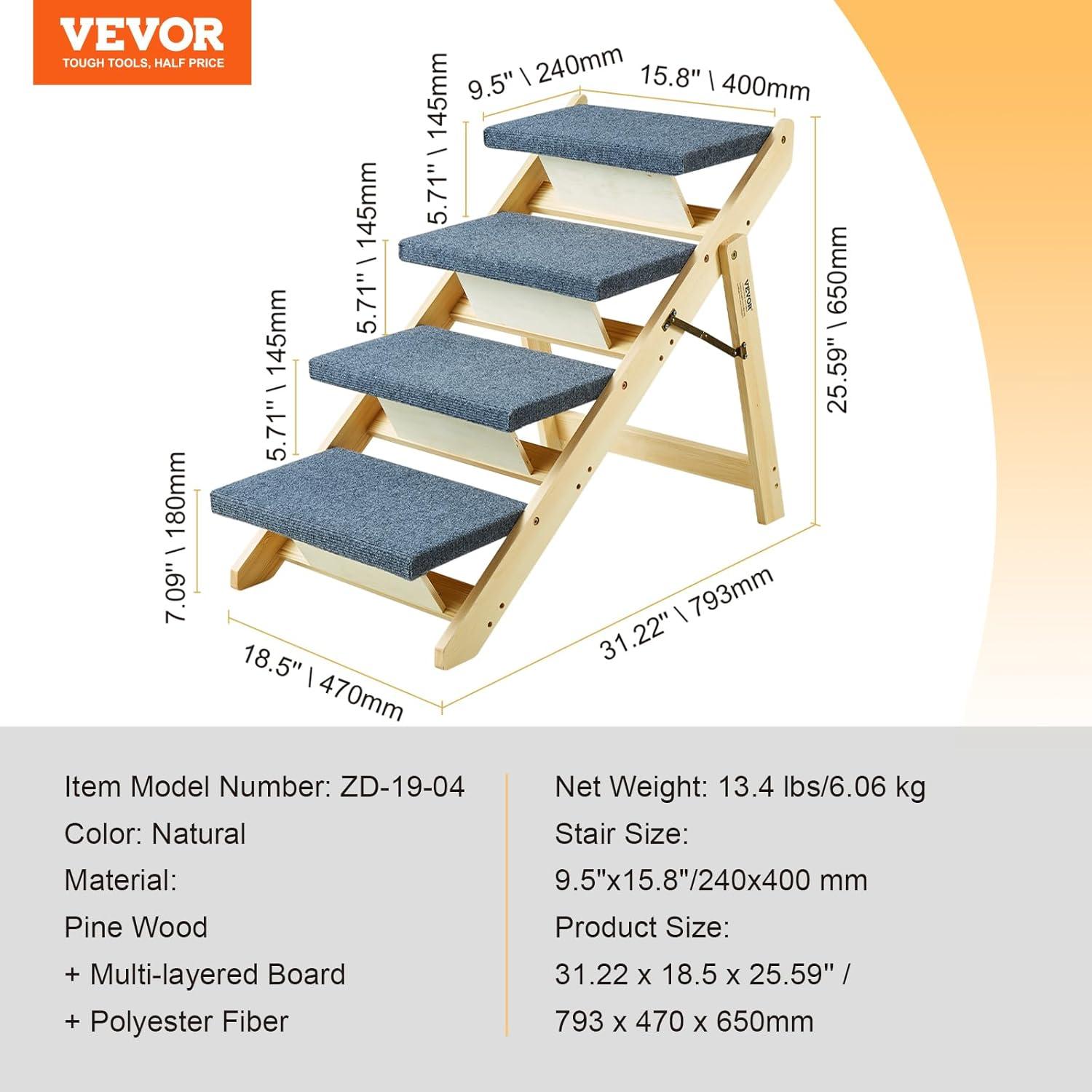 Escalera Plegable para Mascotas VEVOR 4 Pasos hasta 68 kg