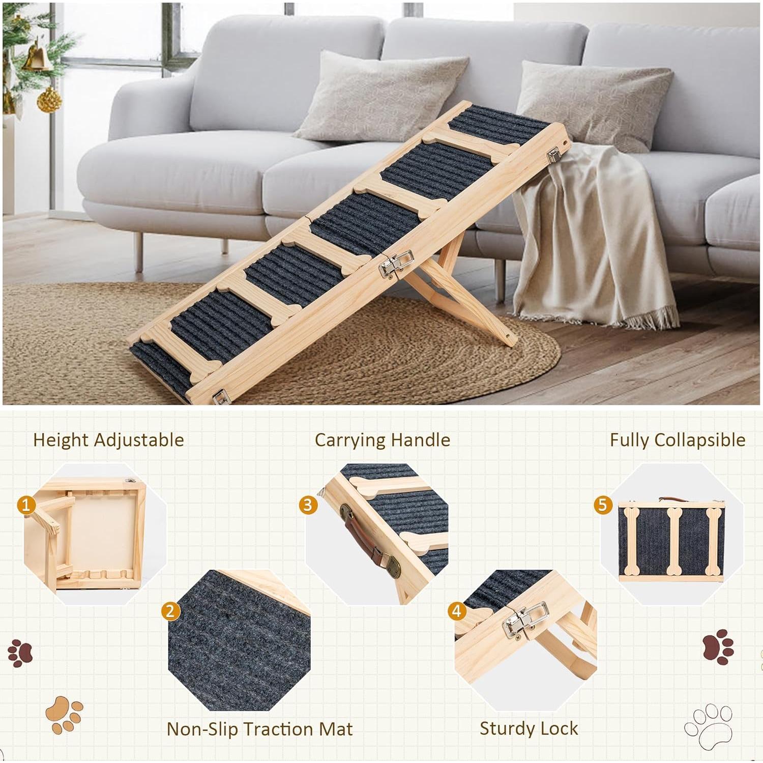 Rampa de Perro Ajustable GENMOUS de Madera Antideslizante