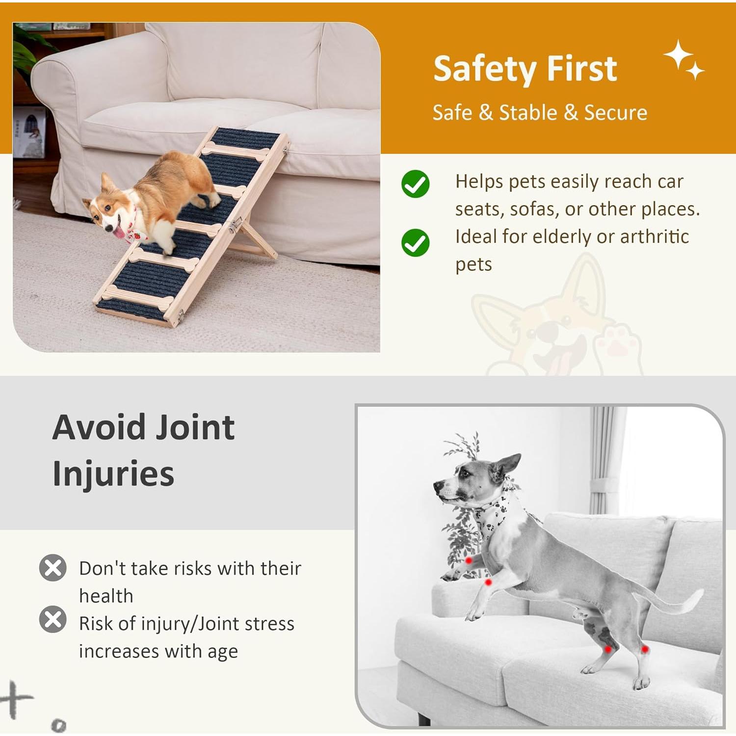 Rampa de Perro Ajustable GENMOUS de Madera Antideslizante