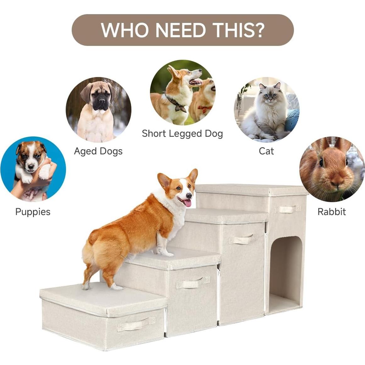 Escalera Plegable para Mascotas WEAVELYRICS 4 Pasos Beige