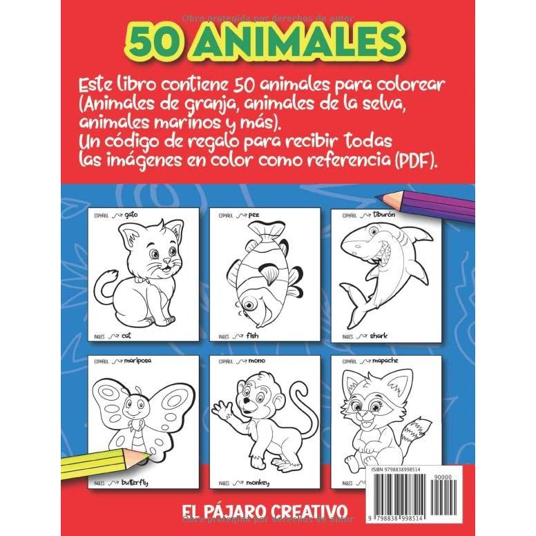 Libro Para Colorear Bilingüe Español Inglés: 50 Animales Fantásticos con Nombres para Colorear para Niños de 4-8 años VOL.1 (Spanish Edition)