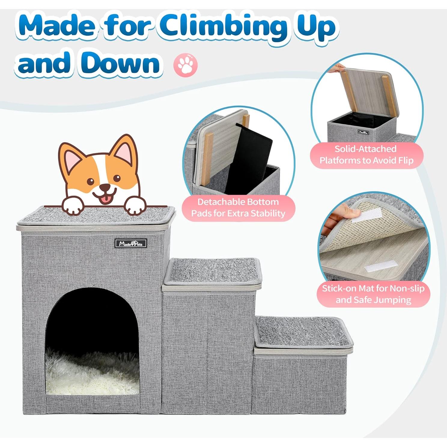 Escalera para Mascotas Made4Pets 3 Pasos Gris con Almacenamiento