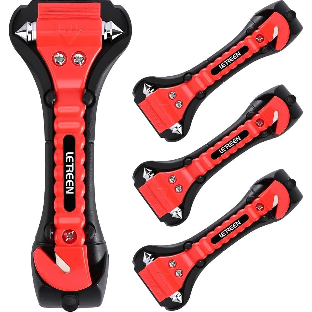 4 Martillos de Seguridad LETREEN 2 en 1 para Coche - Rompedor de Ventanas y Cortador de Cinturón