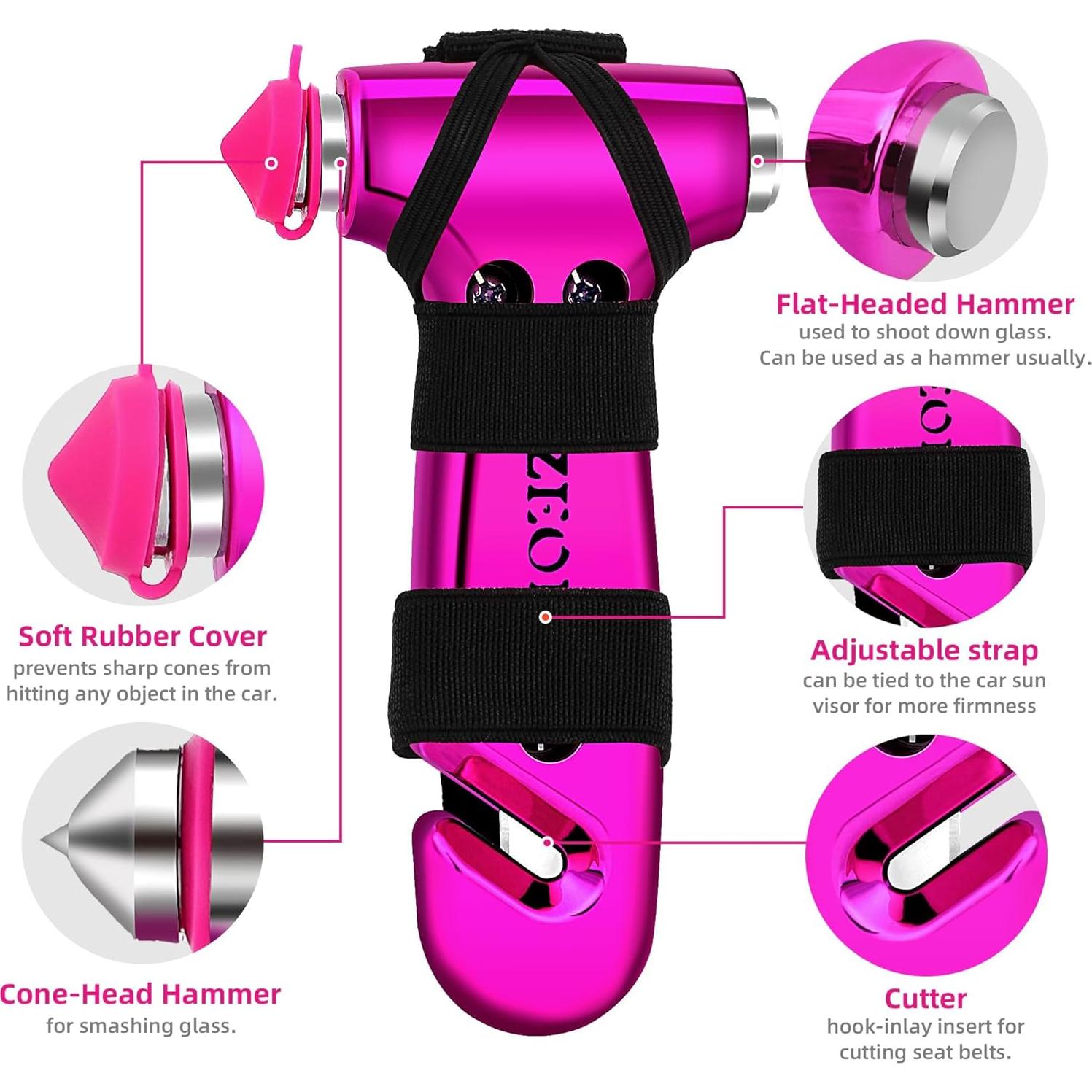 Martillo de Seguridad SZEOF Rosa 2PCS con Cortador y Rompeventanas