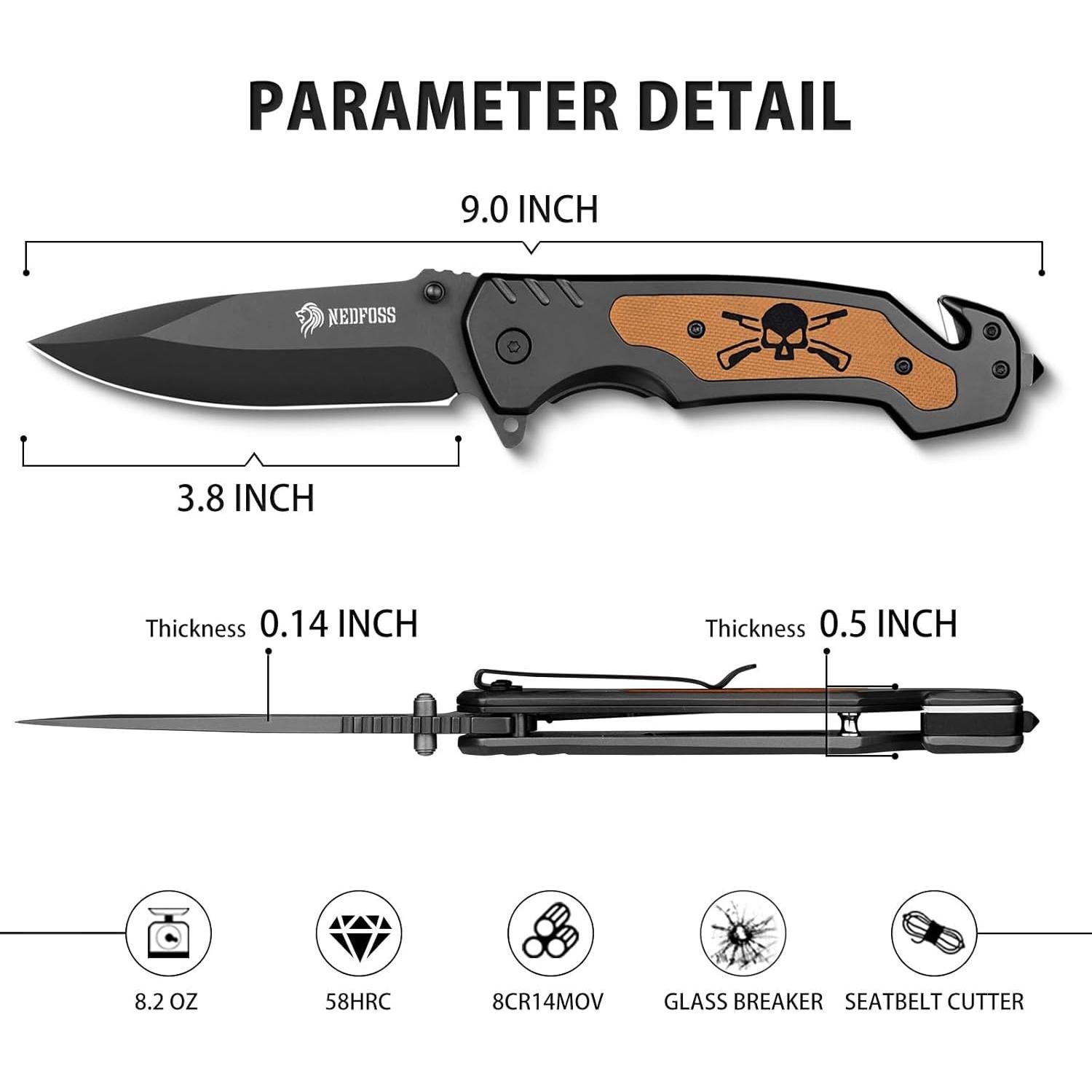 Navaja Plegable NedFoss NF18, Cuchillo 3 en 1 para Camping
