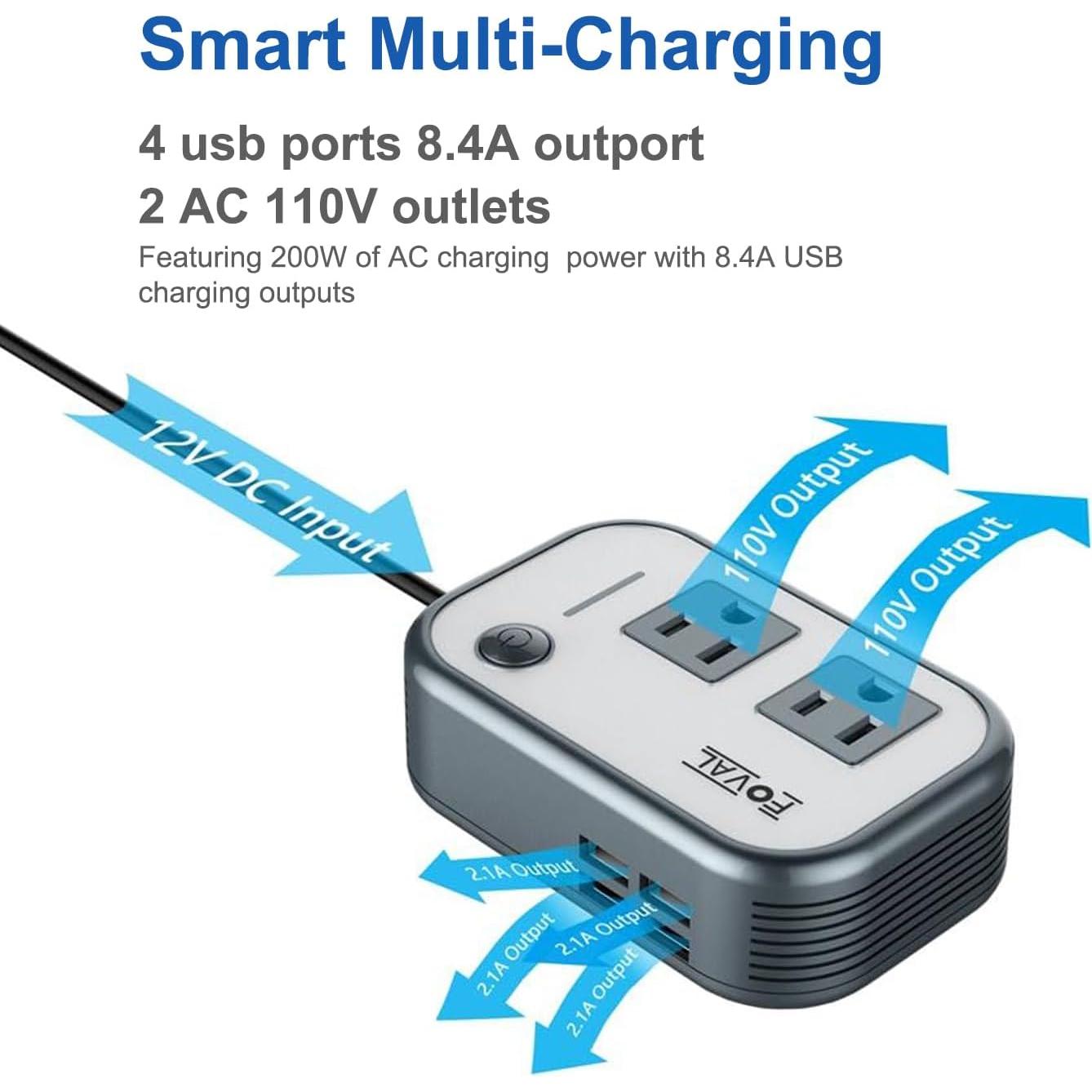 Inversor de Potencia FOVAL 200W 12V a 220V con 4 USB