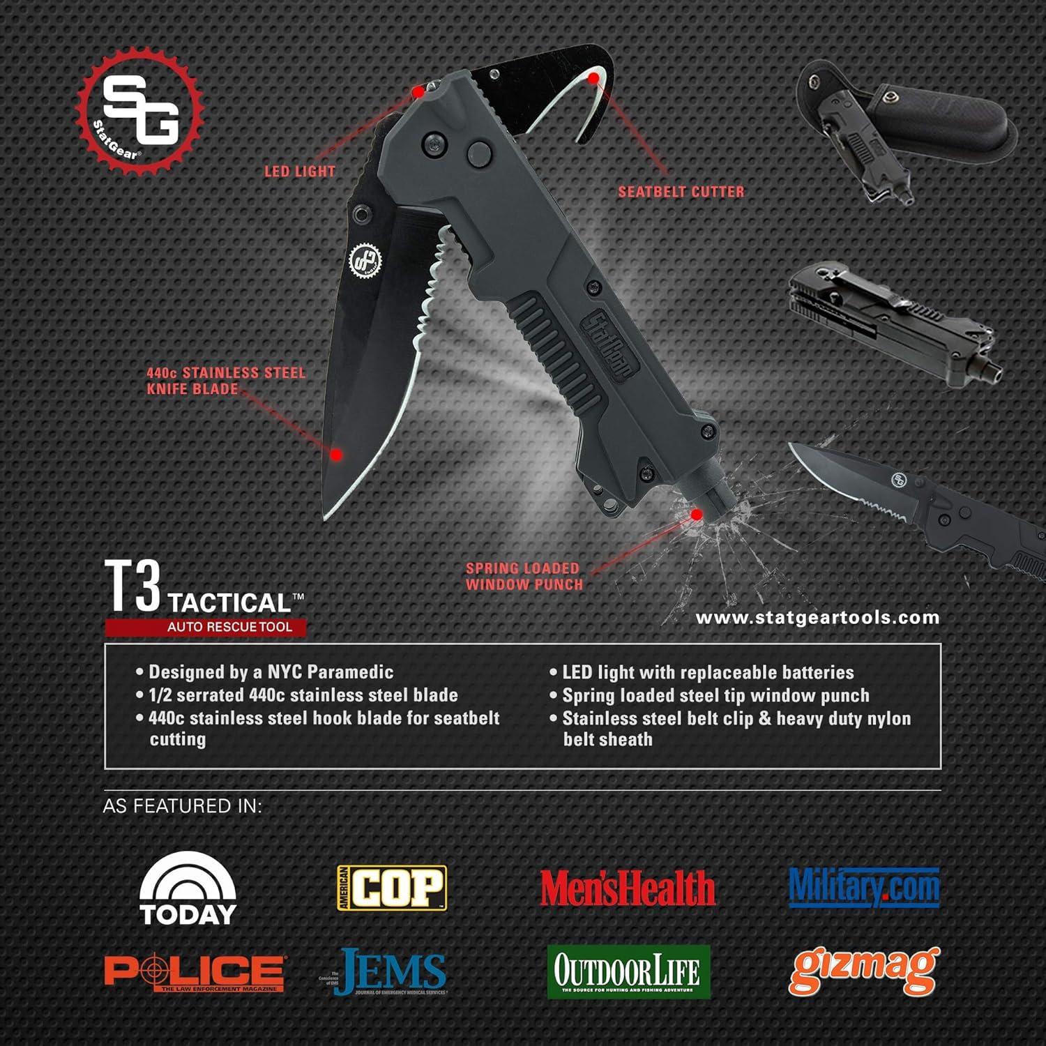 Cuchillo de Rescate Plegable StatGear T3 con Luz LED y Funda