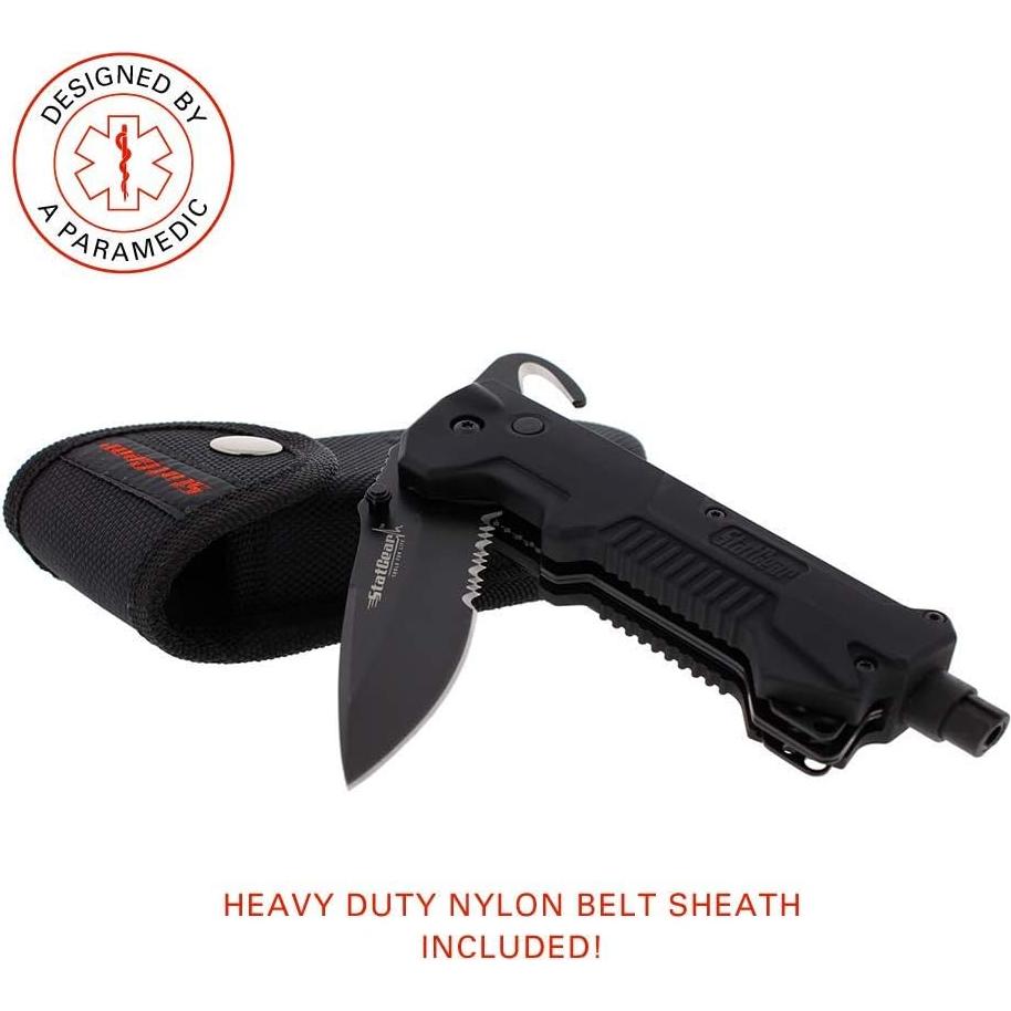 Cuchillo de Rescate Plegable StatGear T3 con Luz LED y Funda