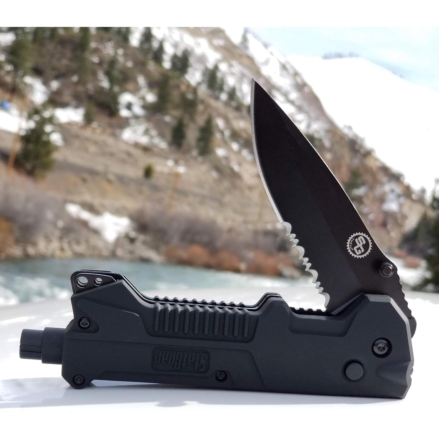 Cuchillo de Rescate Plegable StatGear T3 con Luz LED y Funda