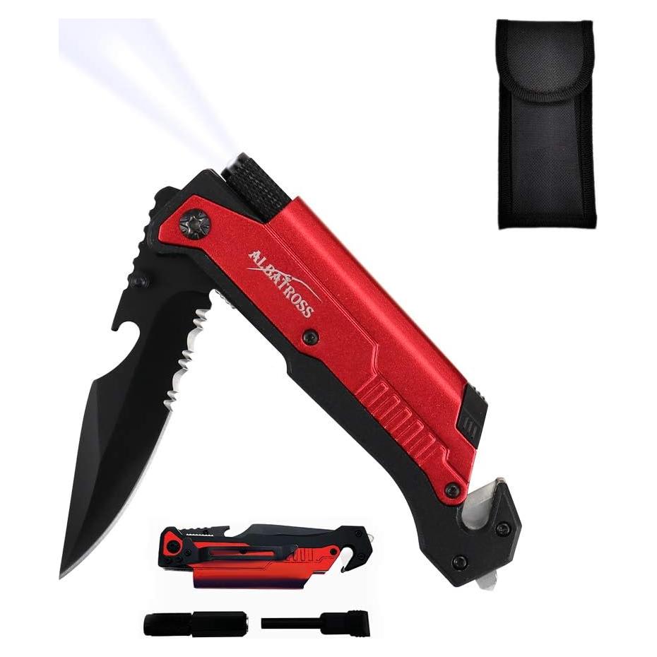 Cuchillo Plegable 7-en-1 Albatross con Linterna y Rompedor de Cristales - Herramienta de Emergencia Roja