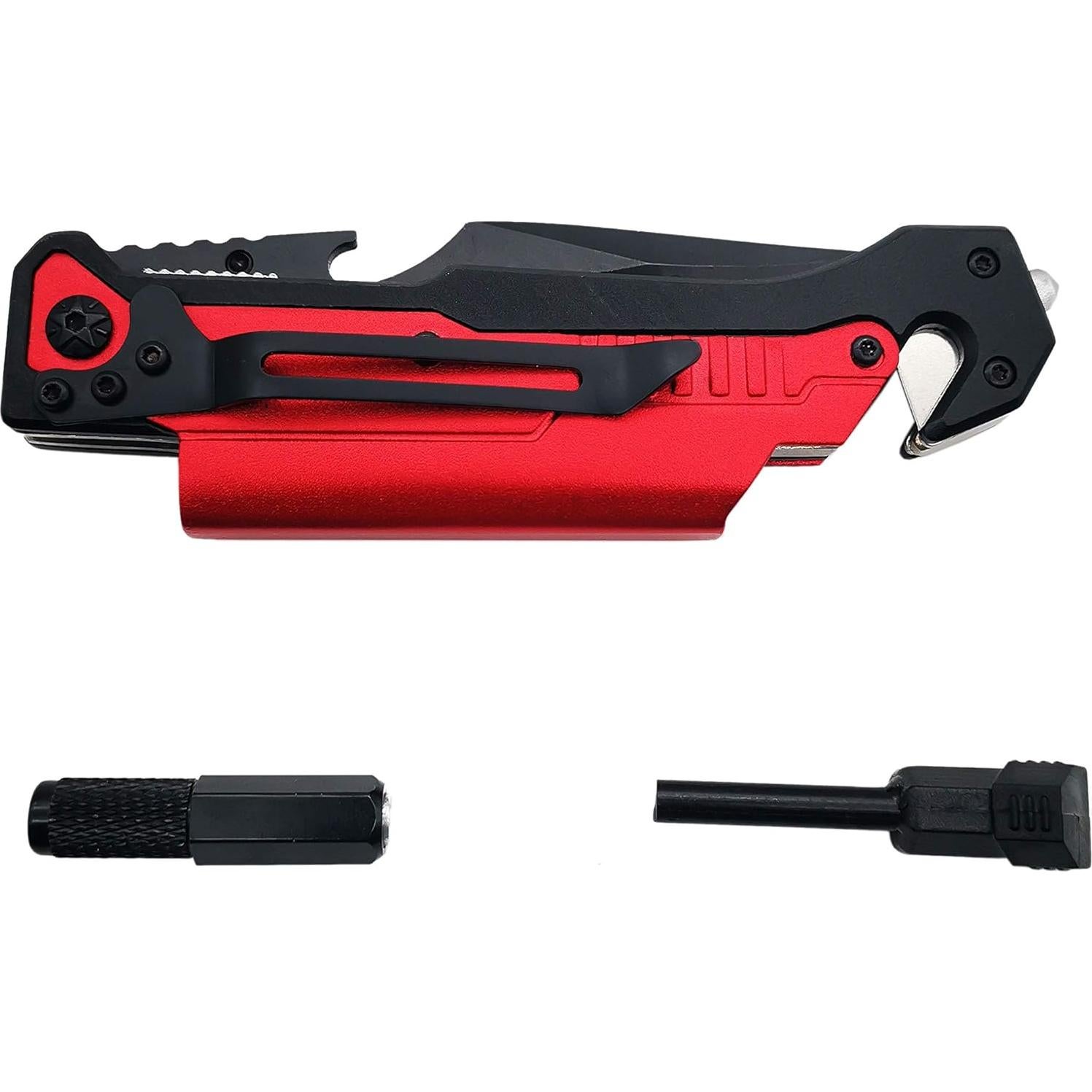 Cuchillo Plegable 7-en-1 Albatross con Linterna y Rompedor de Cristales - Herramienta de Emergencia Roja
