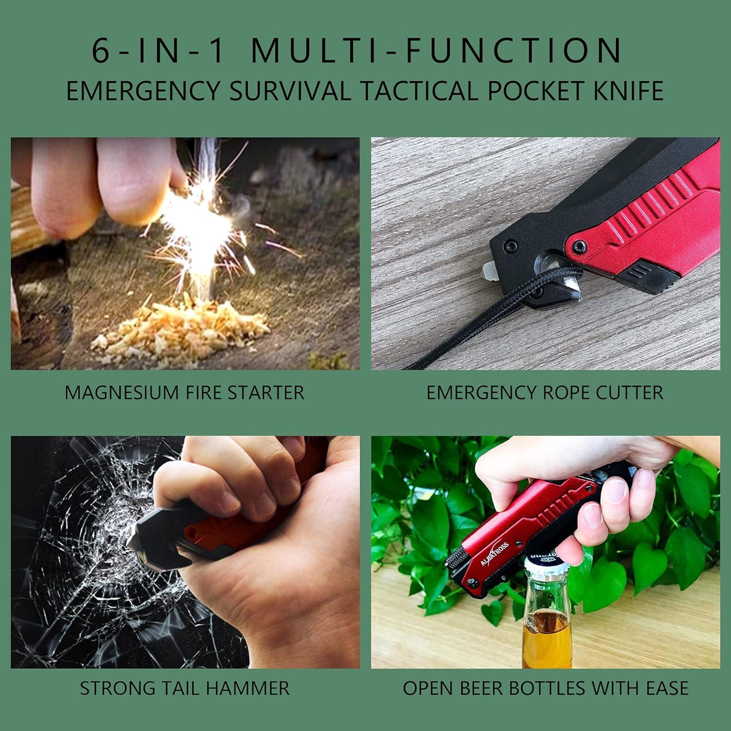 Cuchillo Plegable 7-en-1 Albatross con Linterna y Rompedor de Cristales - Herramienta de Emergencia Roja