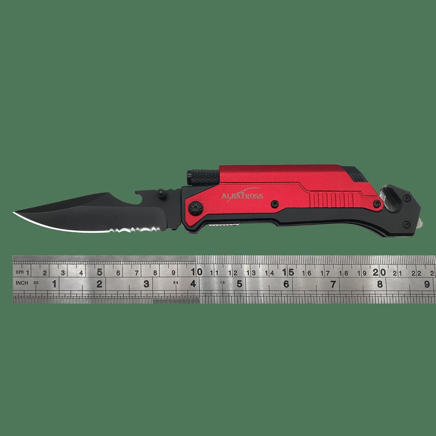 Cuchillo Plegable 7-en-1 Albatross con Linterna y Rompedor de Cristales - Herramienta de Emergencia Roja